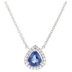 Pear Blue Sapphire & Diamond Halo 18K White Gold Necklace