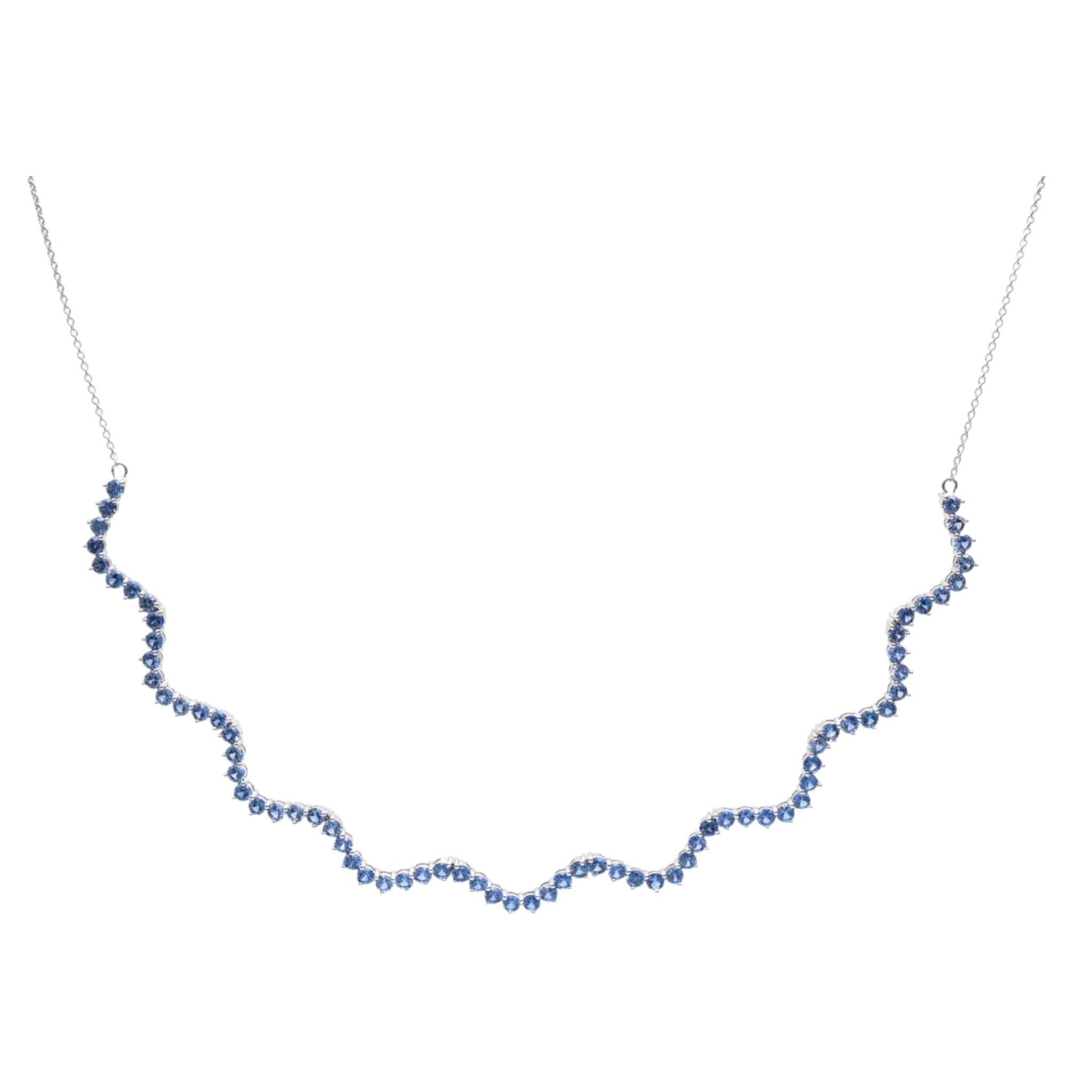 Elegant Blue Sapphire 18K White Gold Wave Necklace