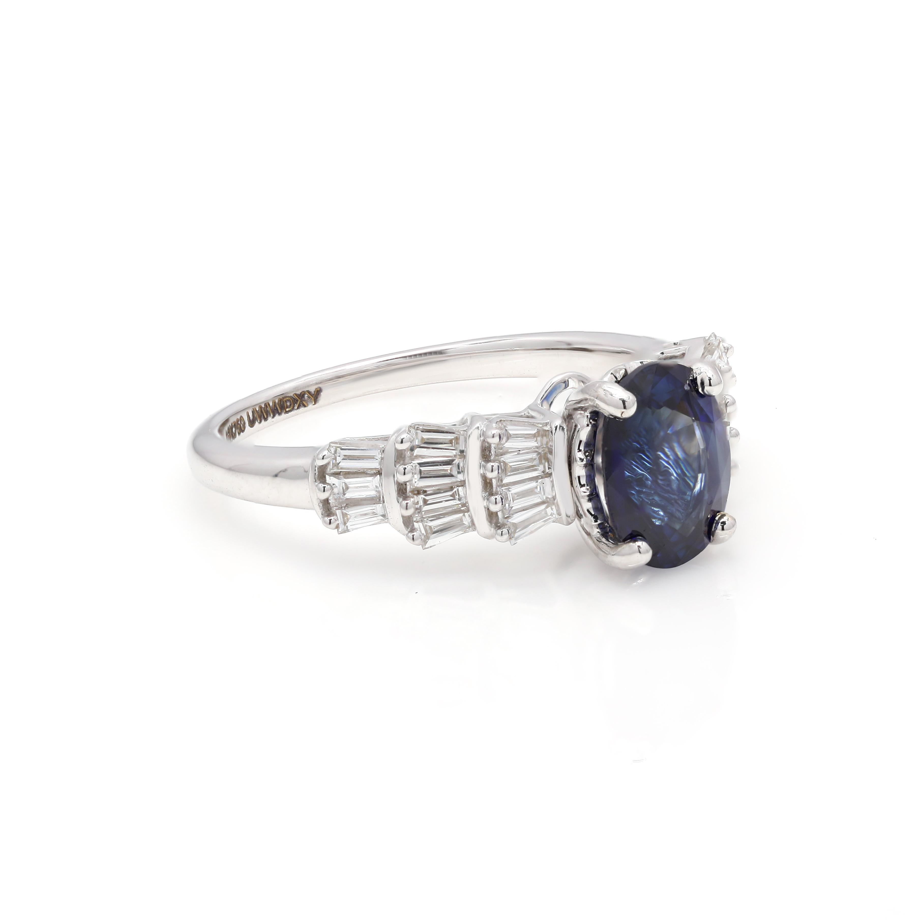 For Sale:  Elegant Blue Sapphire and Diamond Baguette Wedding Ring in 18k White Gold 2