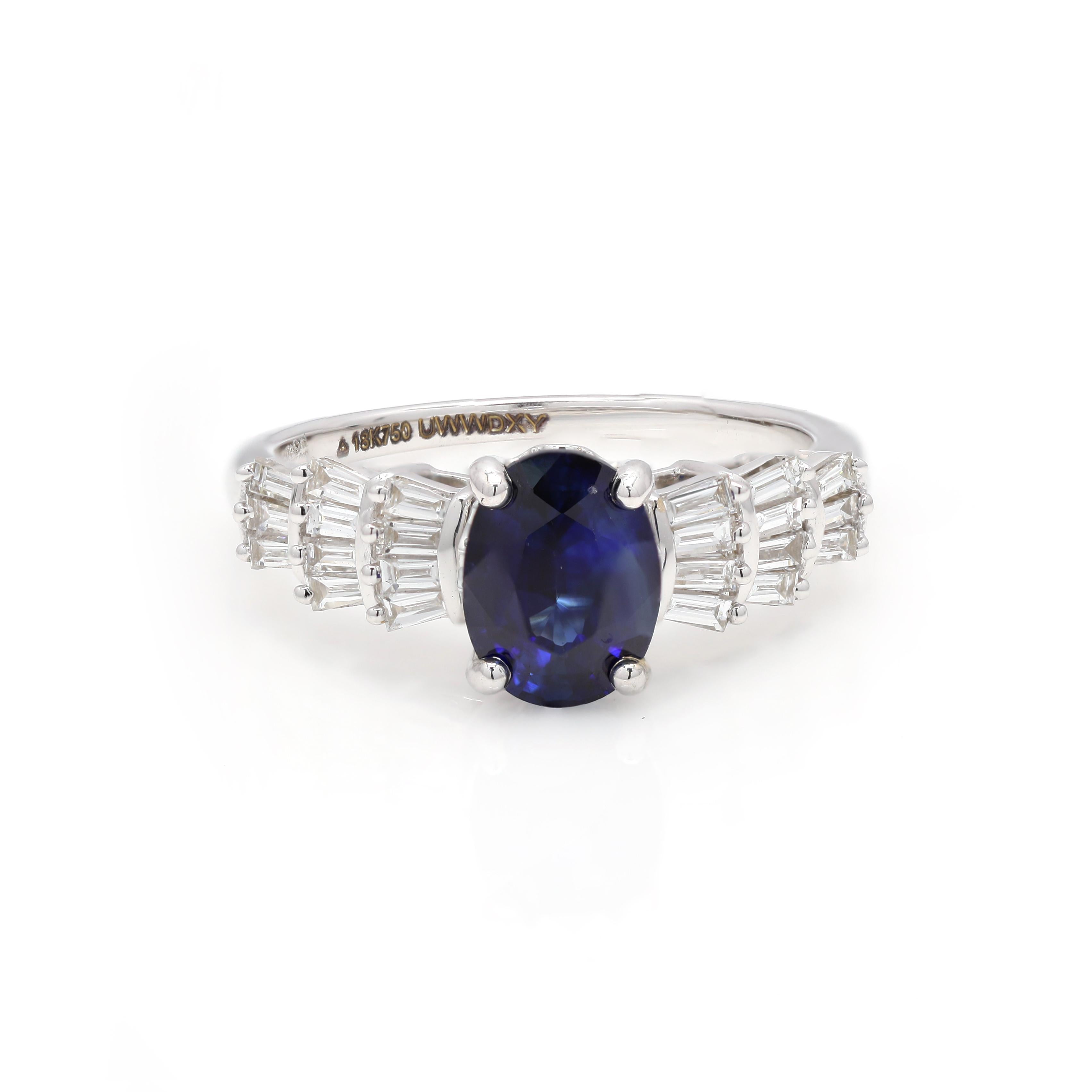 For Sale:  Elegant Blue Sapphire and Diamond Baguette Wedding Ring in 18k White Gold 3