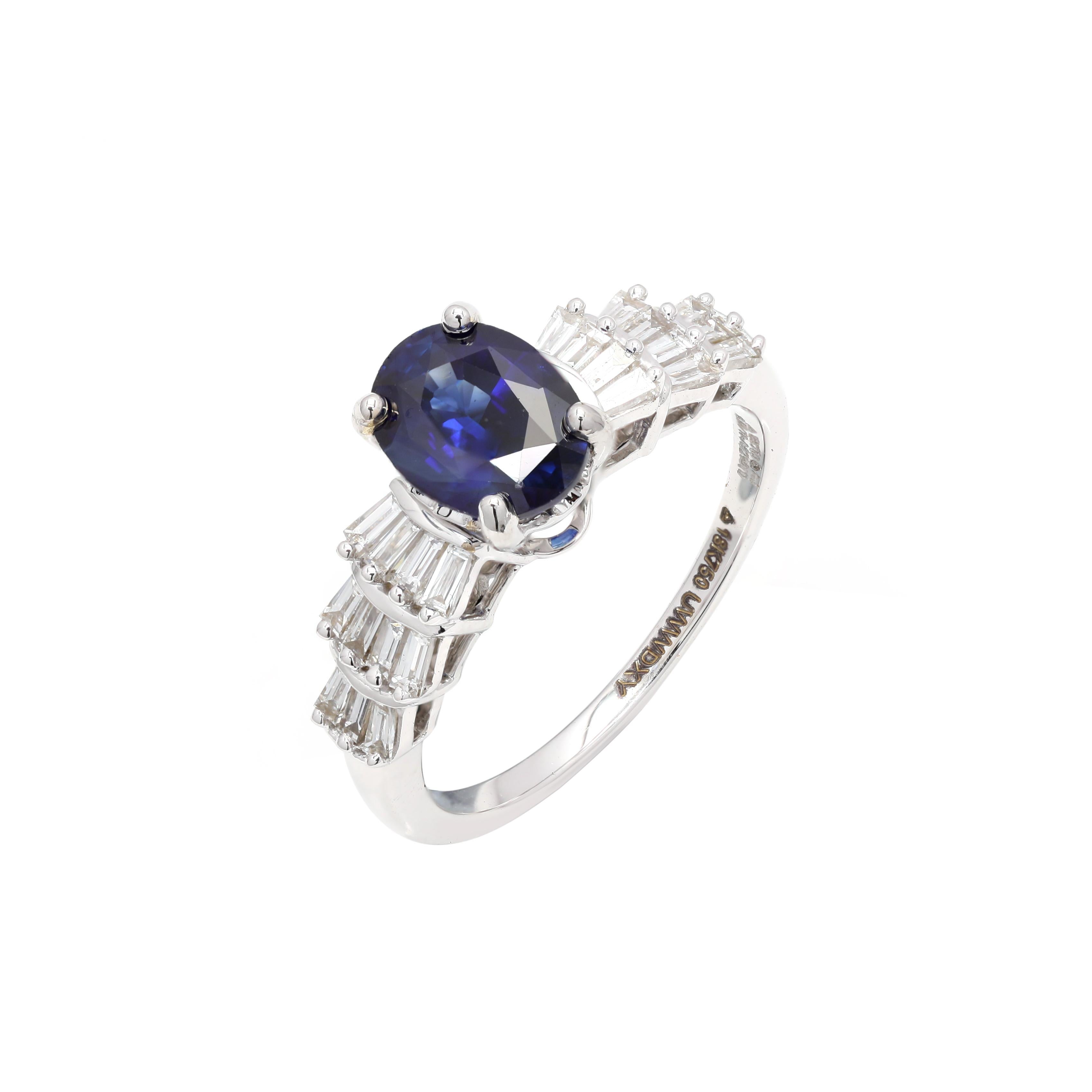 For Sale:  Elegant Blue Sapphire and Diamond Baguette Wedding Ring in 18k White Gold 4