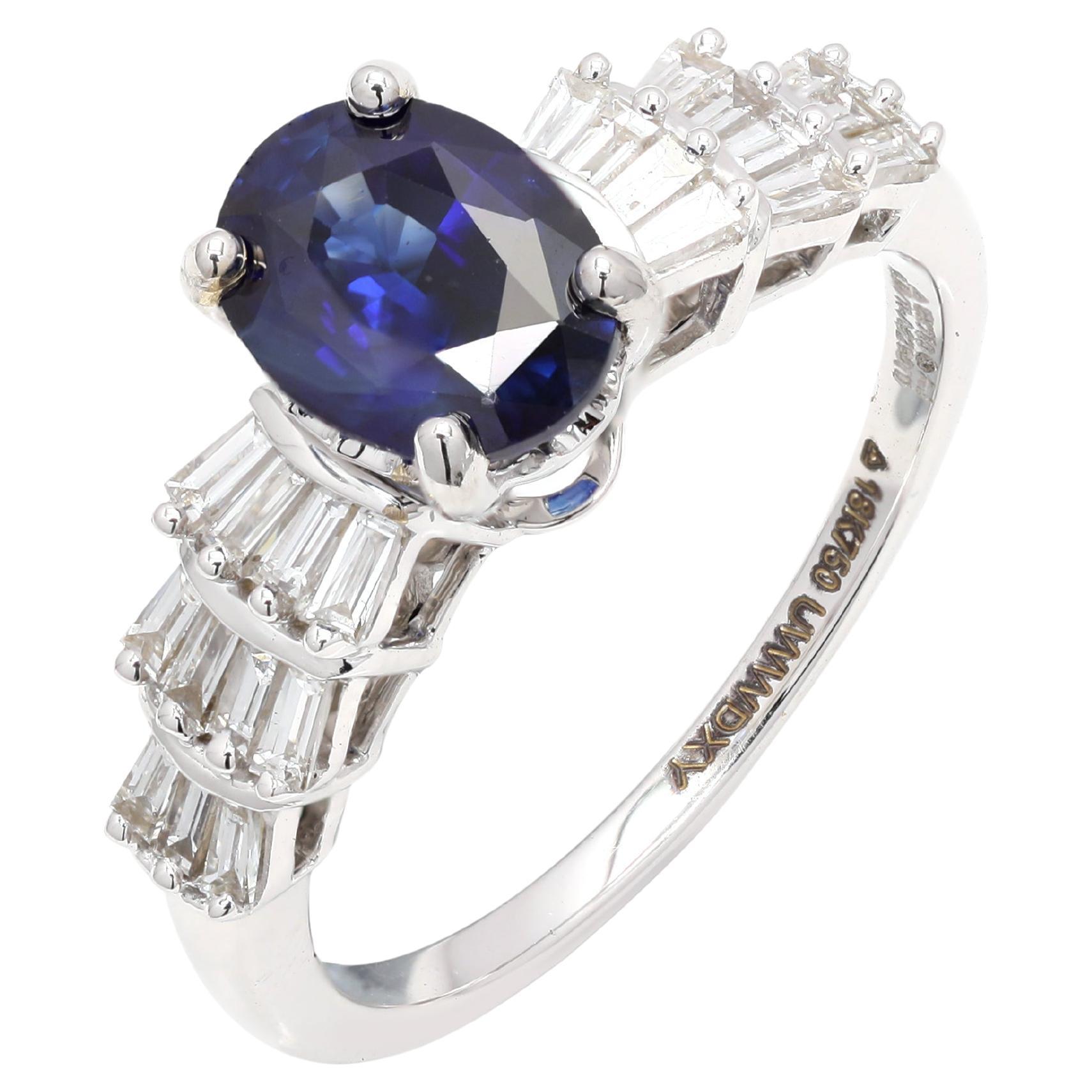 Elegant Blue Sapphire and Diamond Baguette Wedding Ring in 18k White Gold