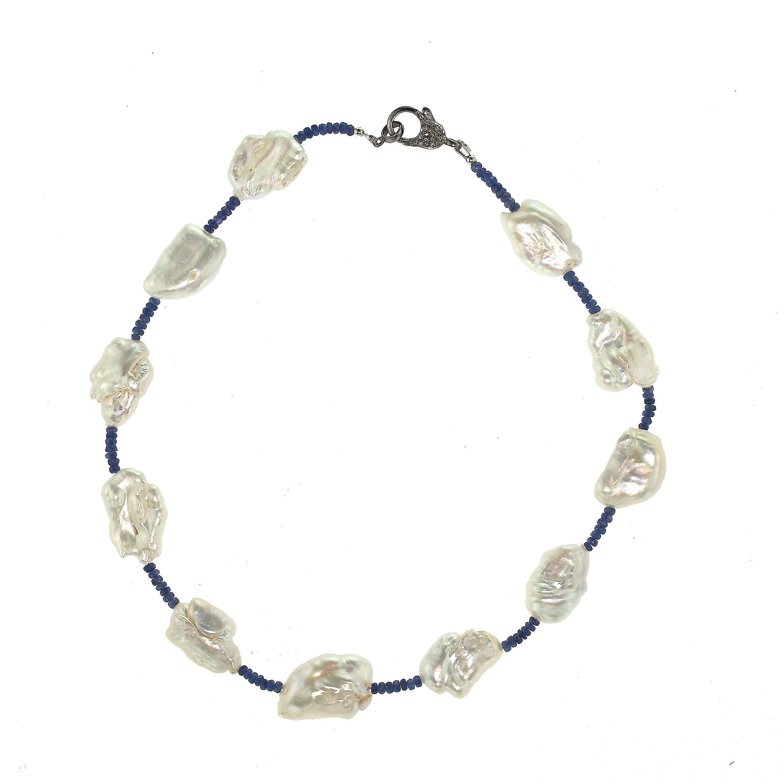 Artist AJD Elegant 17 Inch Blue Sapphire & White Pearl Choker Necklace  June Birthstone