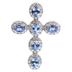 Elegant Blue Sapphire Cross 18K White Gold Pendant Necklace