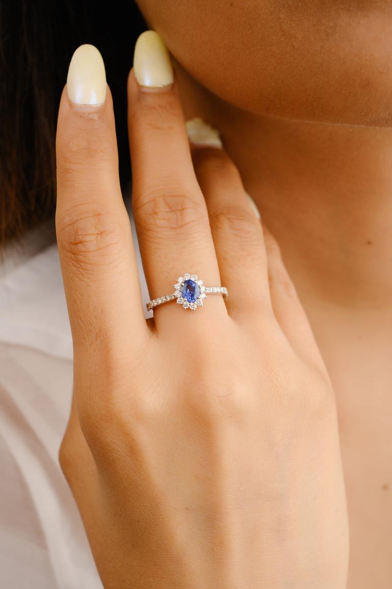 For Sale:  Oval Shape Blue Sapphire and Halo Diamond Engagement Ring Solid 18k White Gold 4