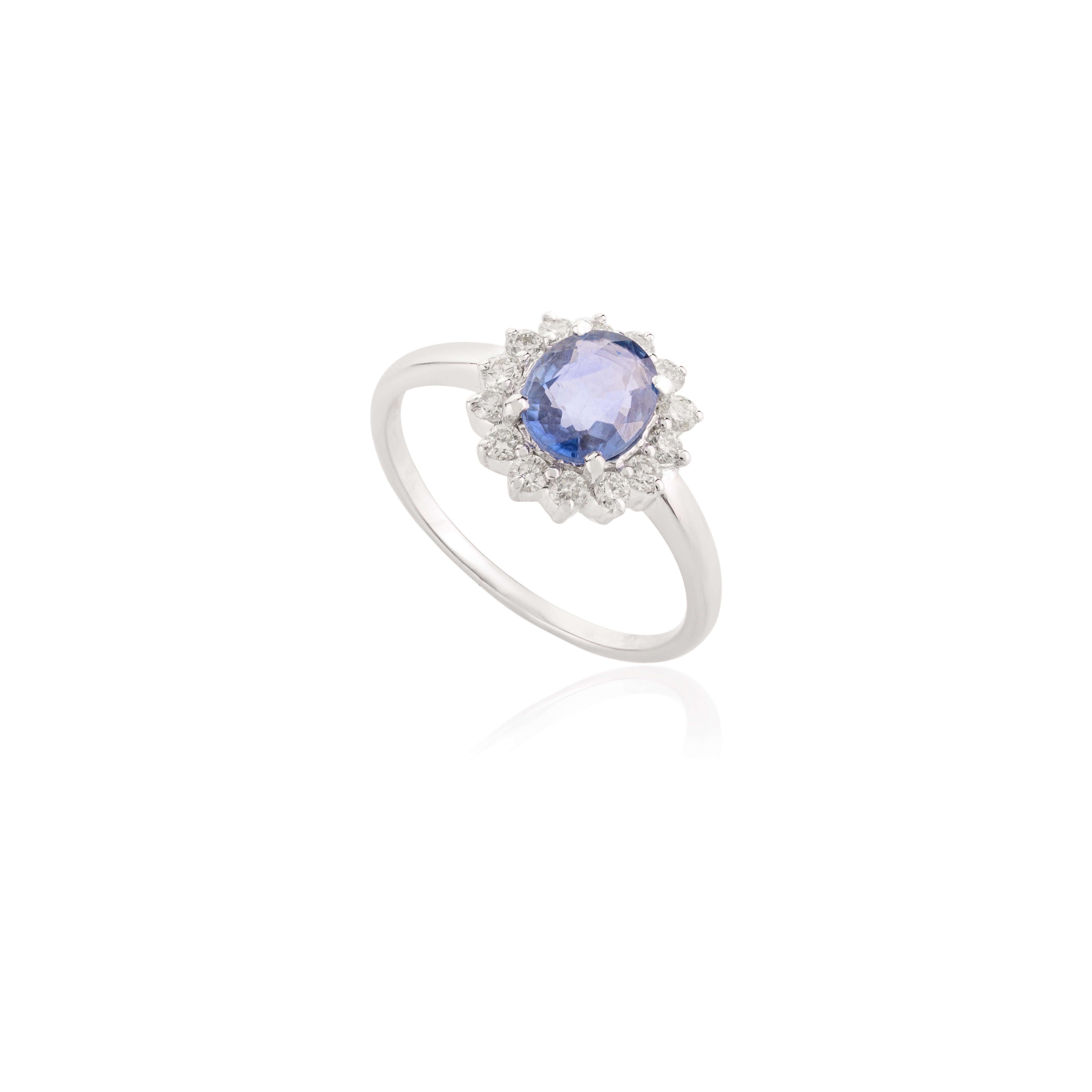 For Sale:  Elegant Blue Sapphire Halo Diamond Ring for Her in 14k Solid White Gold 3