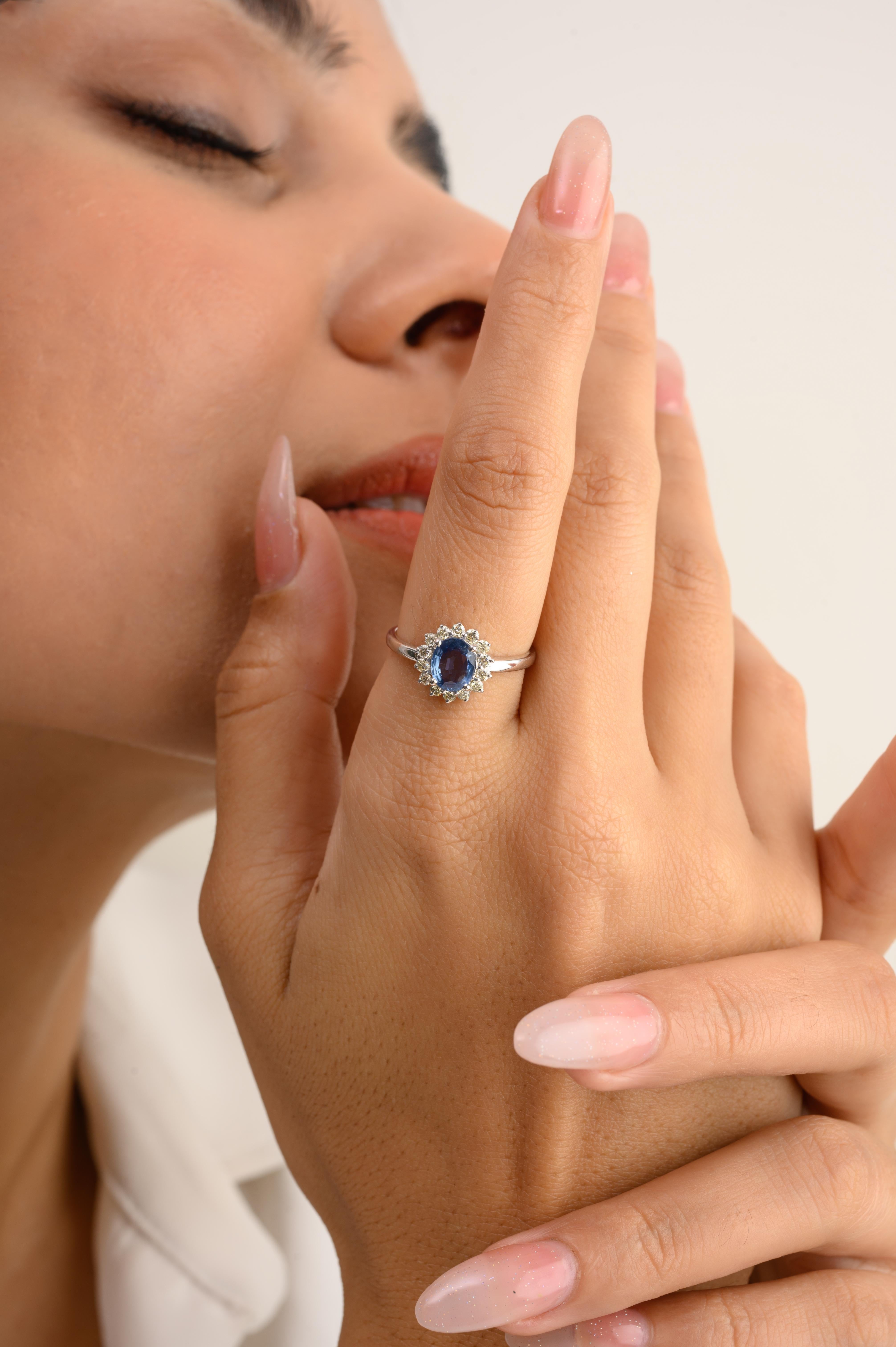 For Sale:  Elegant Blue Sapphire Halo Diamond Ring for Her in 14k Solid White Gold 6