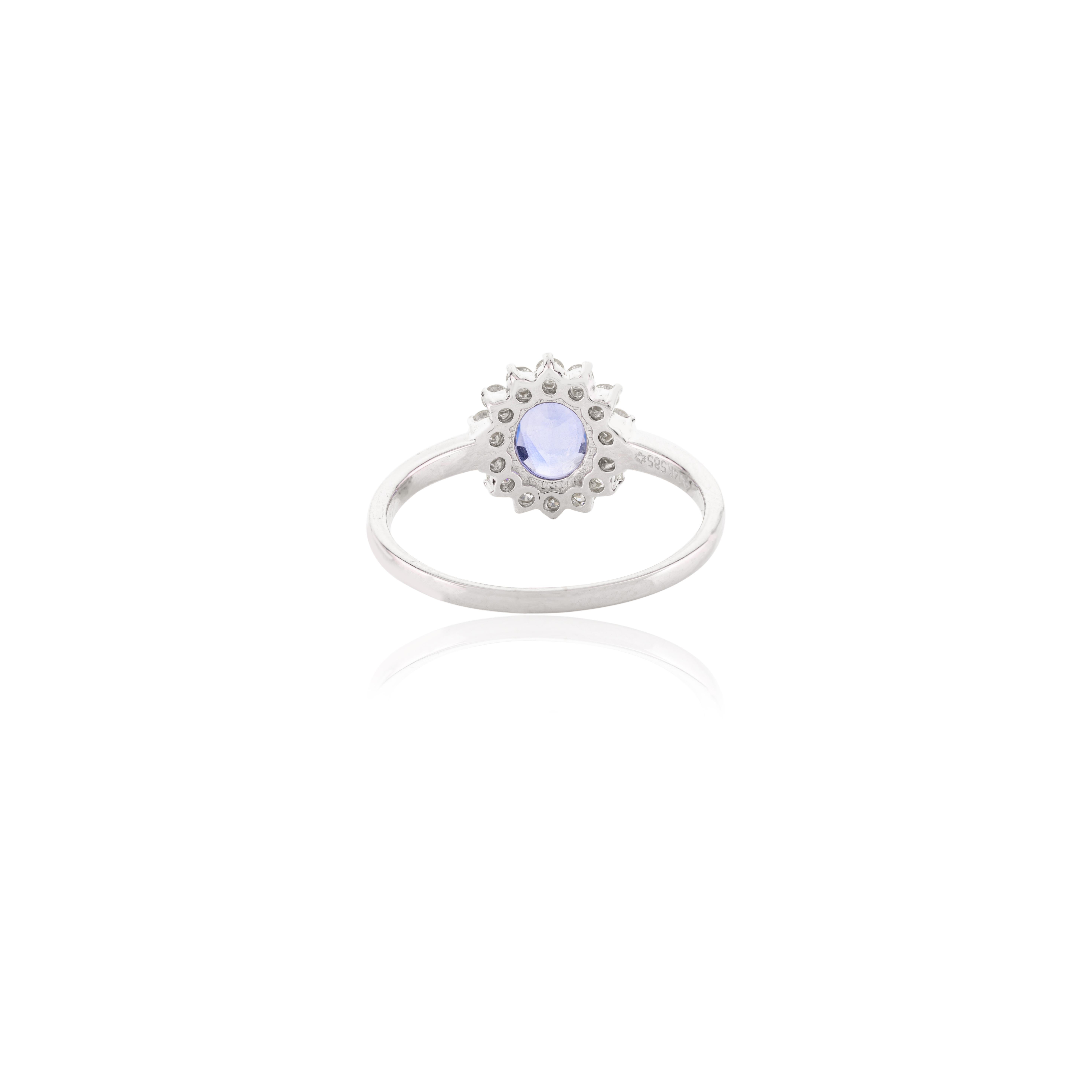 For Sale:  Elegant Blue Sapphire Halo Diamond Ring for Her in 14k Solid White Gold 7