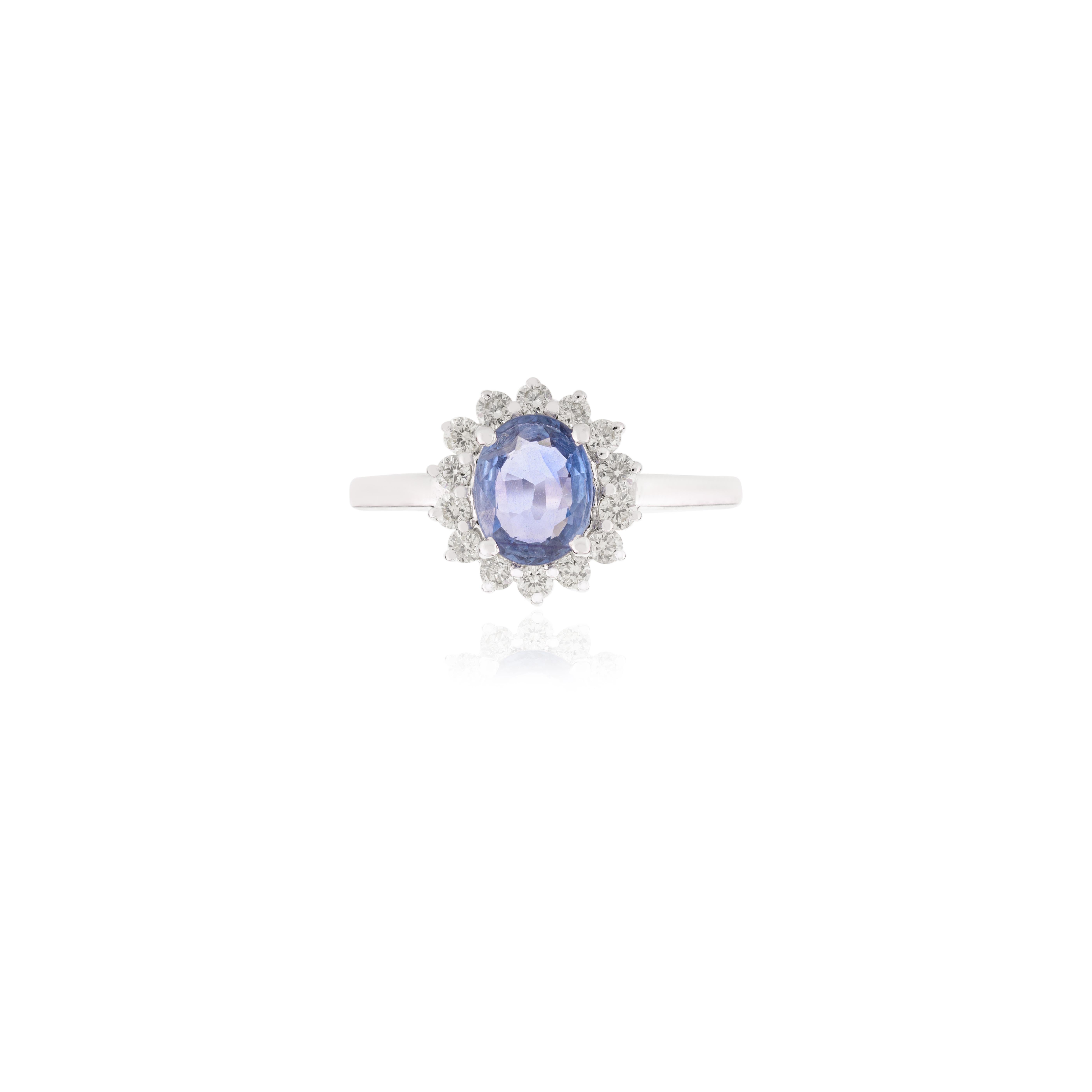 For Sale:  Elegant Blue Sapphire Halo Diamond Ring for Her in 14k Solid White Gold 8