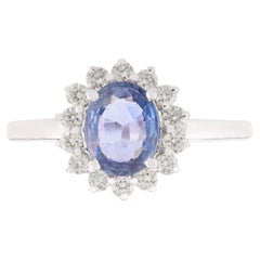 Elegance Blue Sapphire Halo Diamond Ring for Her in 14k Solid White Gold (bague en or blanc massif avec saphir bleu et diamant) pour elle