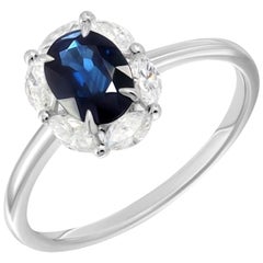 Elegant Blue Sapphire White Diamond White Gold Ring for Her