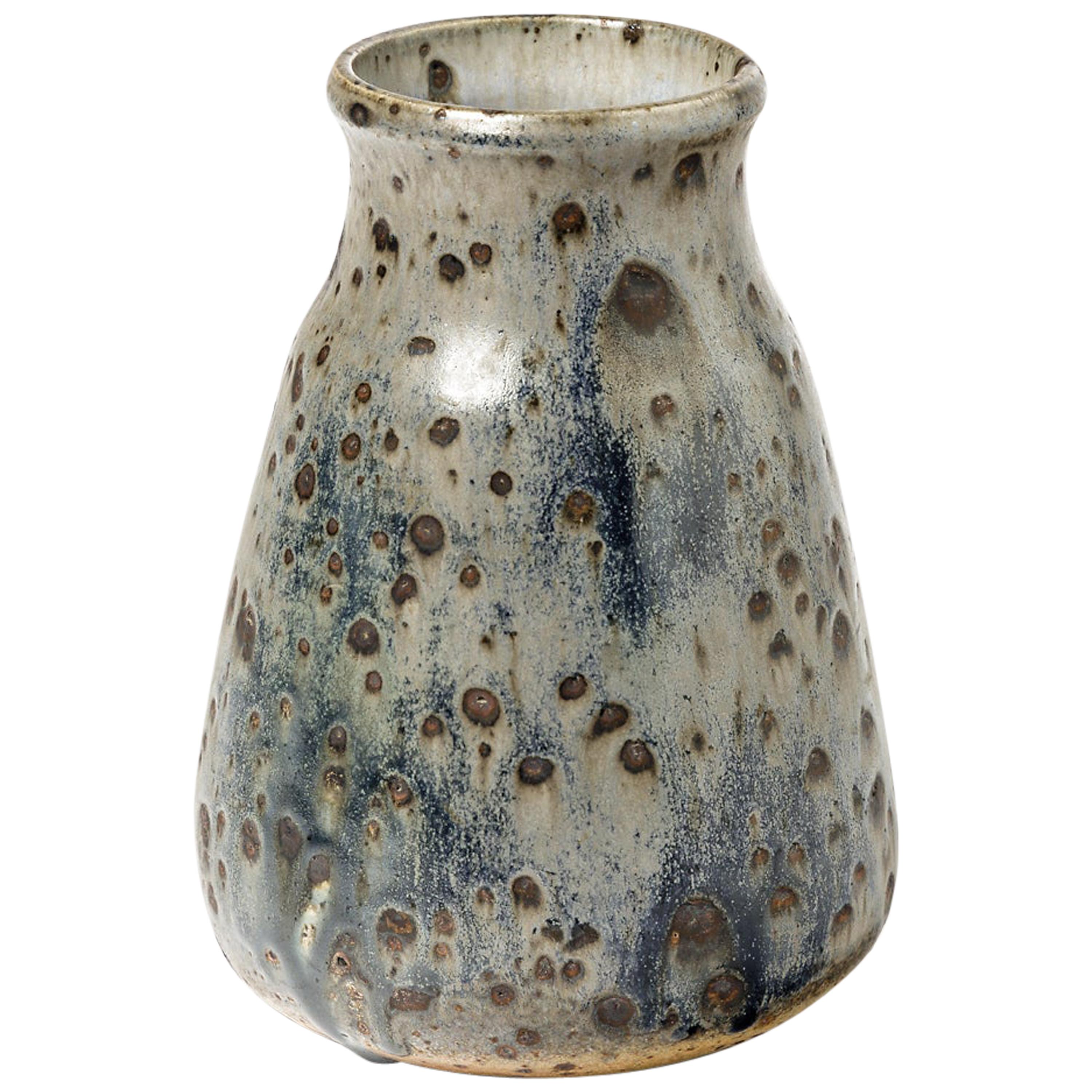 Elegant Blue Stoneware Ceramic Vase by Isambert circa 1970 La Borne Decoration For Sale