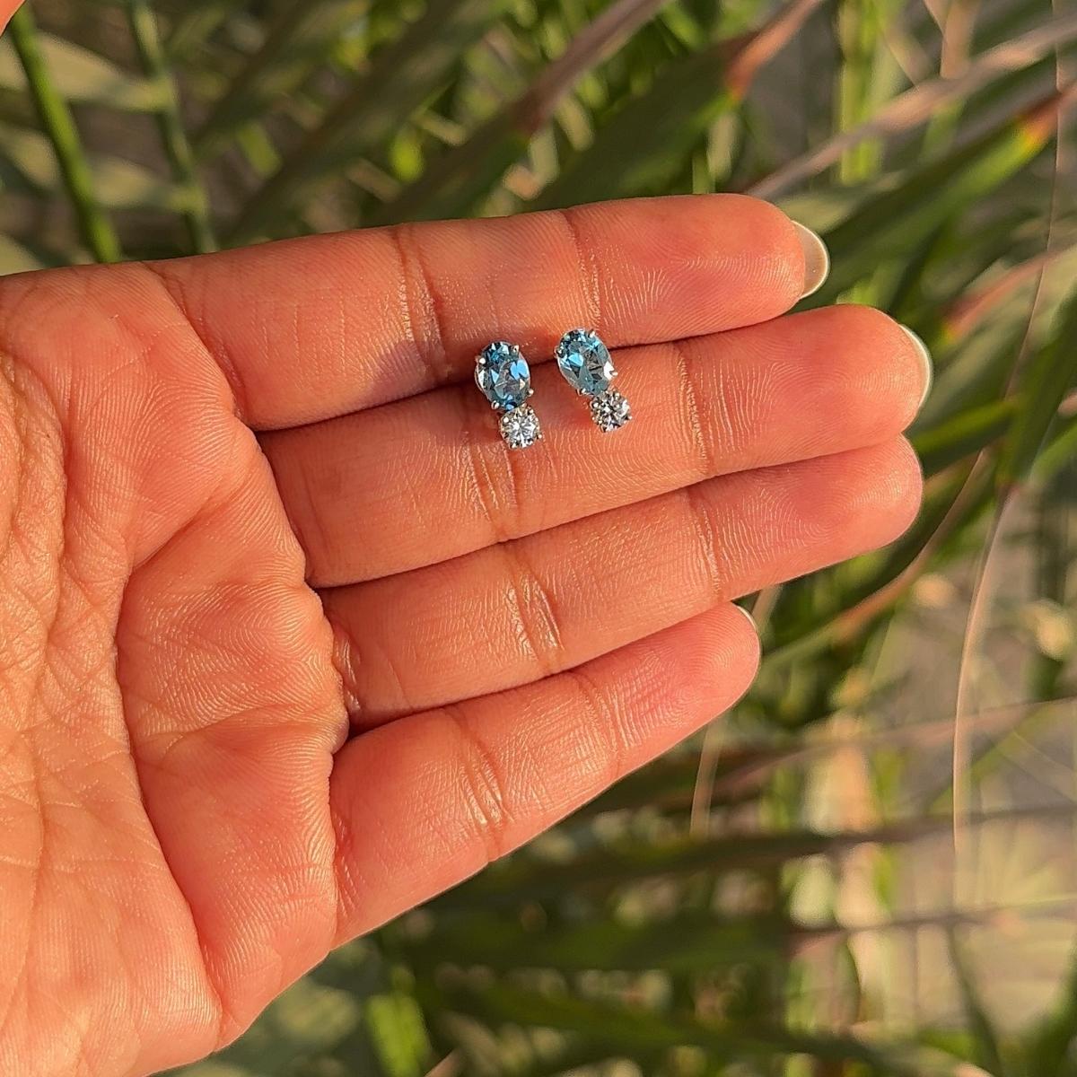 Mixed Cut Elegant Blue Topaz & CZ Pushback Stud Earrings in 925 Silver Handmade Jewelry For Sale