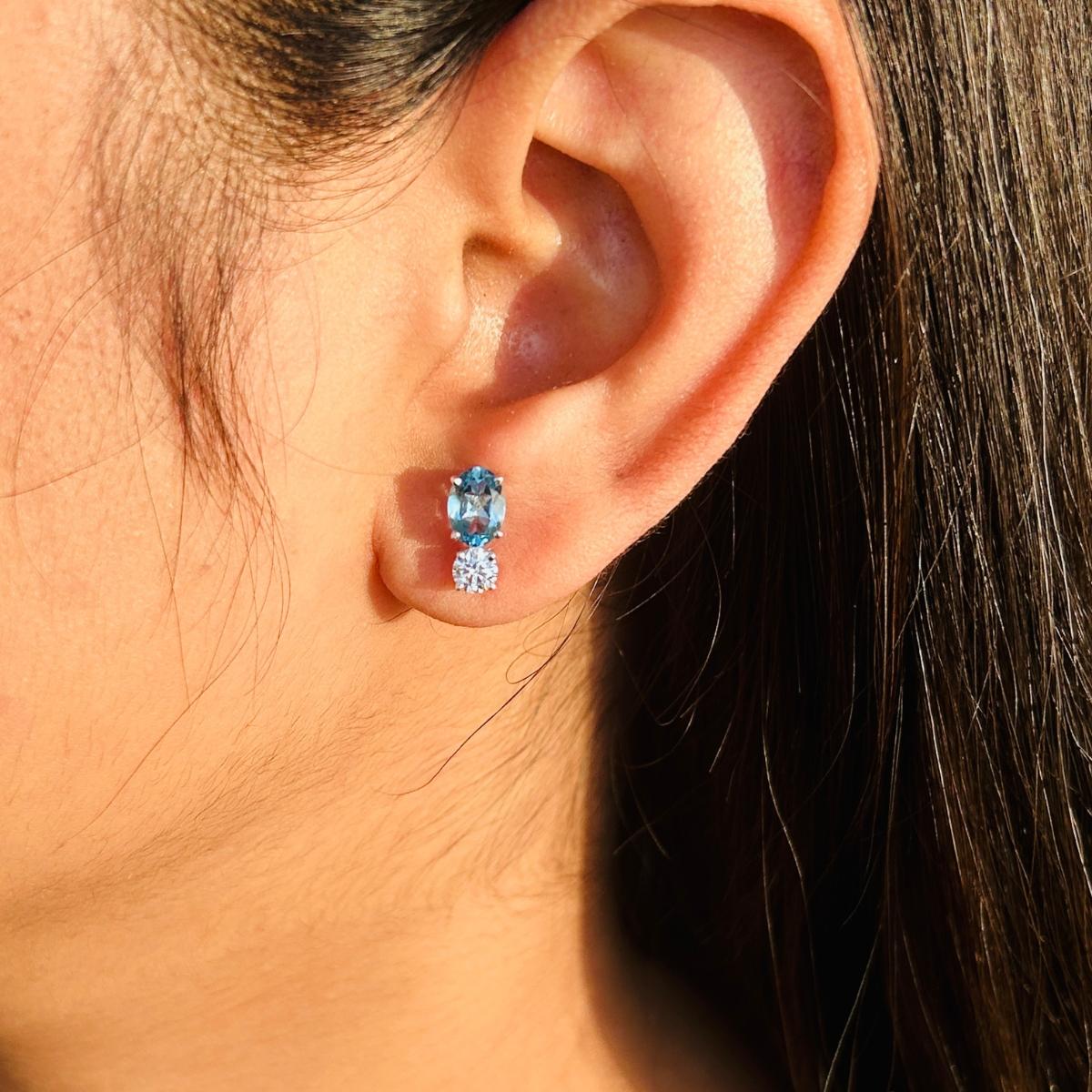 Women's Elegant Blue Topaz & CZ Pushback Stud Earrings in 925 Silver Handmade Jewelry For Sale