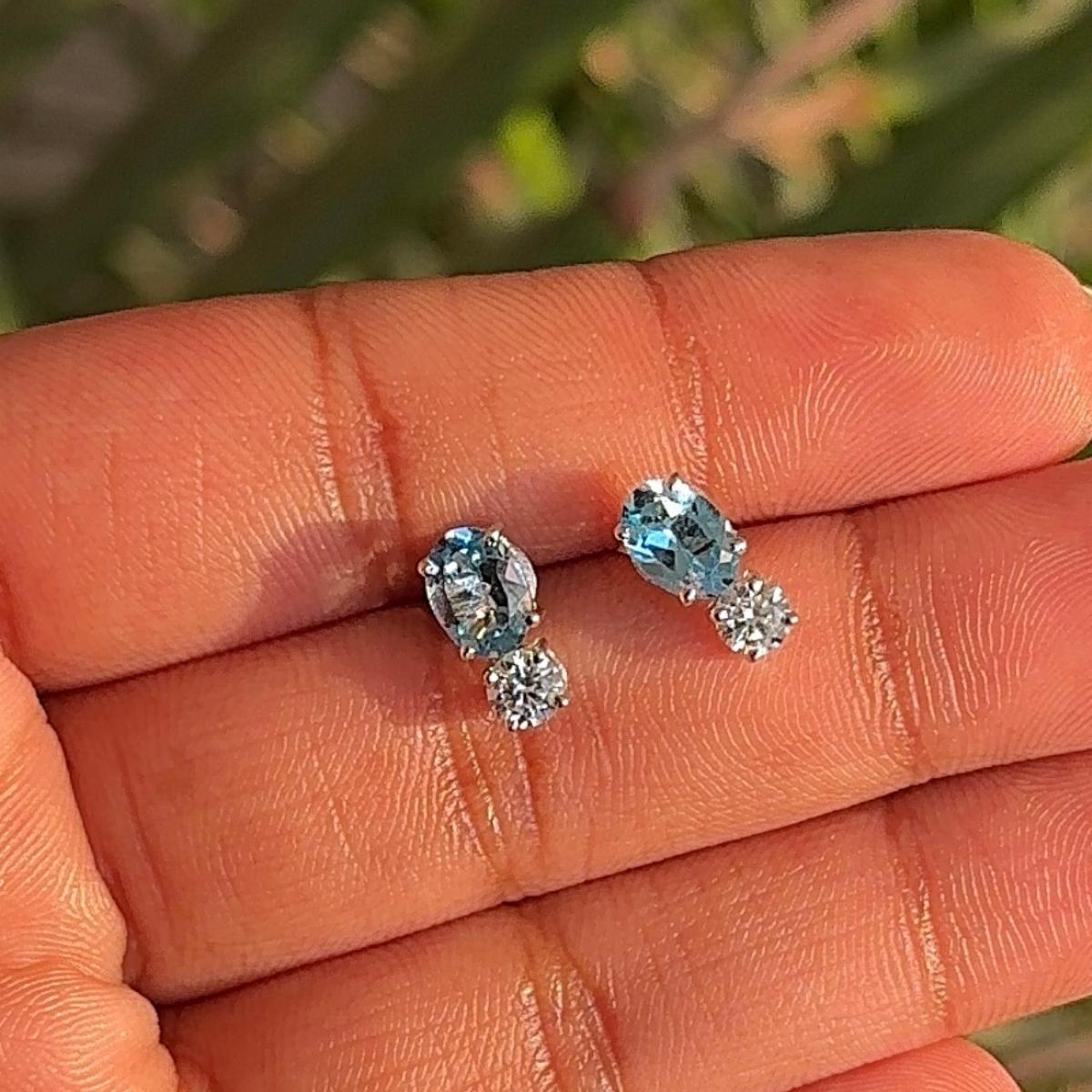 Elegant Blue Topaz & CZ Pushback Stud Earrings in 925 Silver Handmade Jewelry For Sale 1