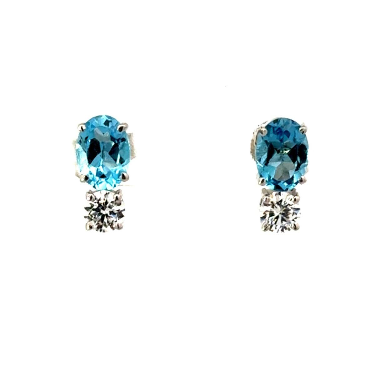 Elegant Blue Topaz & CZ Pushback Stud Earrings in 925 Silver Handmade Jewelry For Sale 3