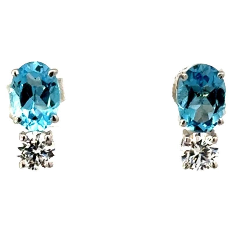 Elegant Blue Topaz & CZ Pushback Stud Earrings in 925 Silver Handmade Jewelry