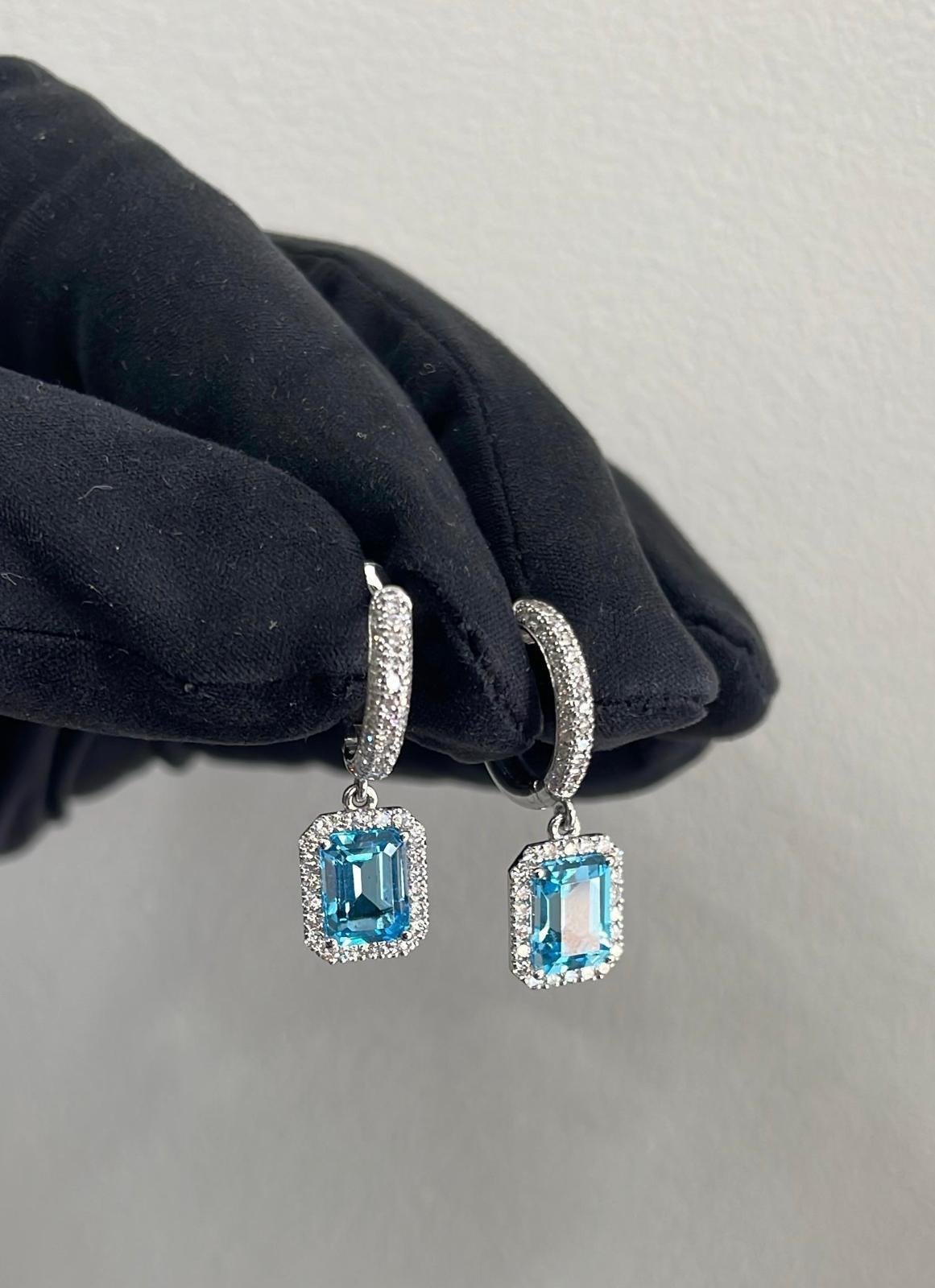 Round Cut Elegant Blue Topaz & Diamond Drop Earrings For Sale