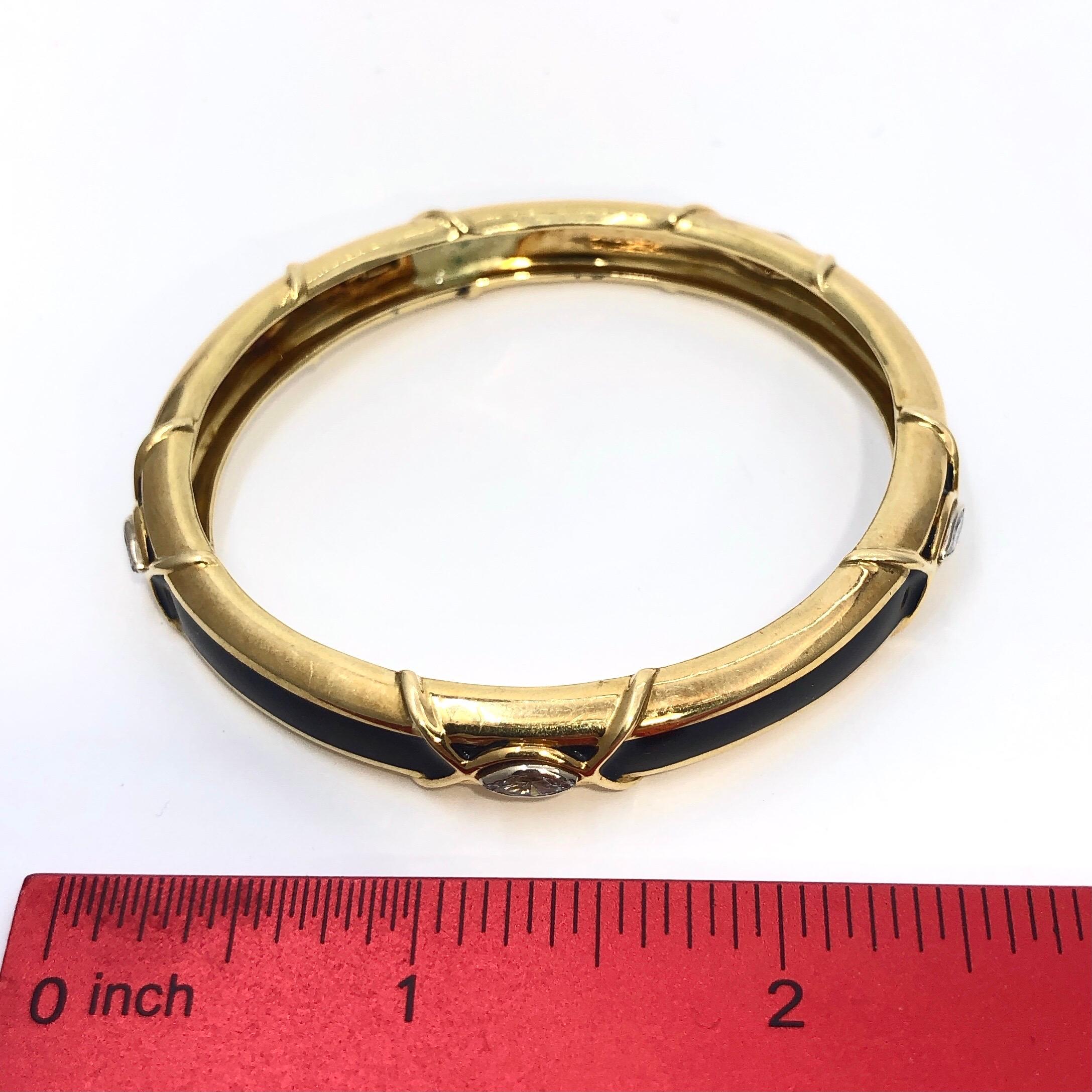 Modern Elegant Boris LeBeau Narrow, Black Enamel, Diamond and Gold Bangle Bracelet