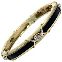 Elegant Boris LeBeau Narrow, Black Enamel, Diamond and Gold Bangle Bracelet