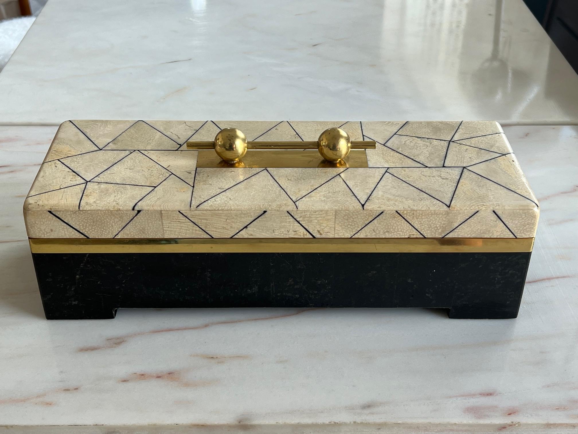 Unusual and elegant Maitland Smith stone and brass box. Quite large at 14