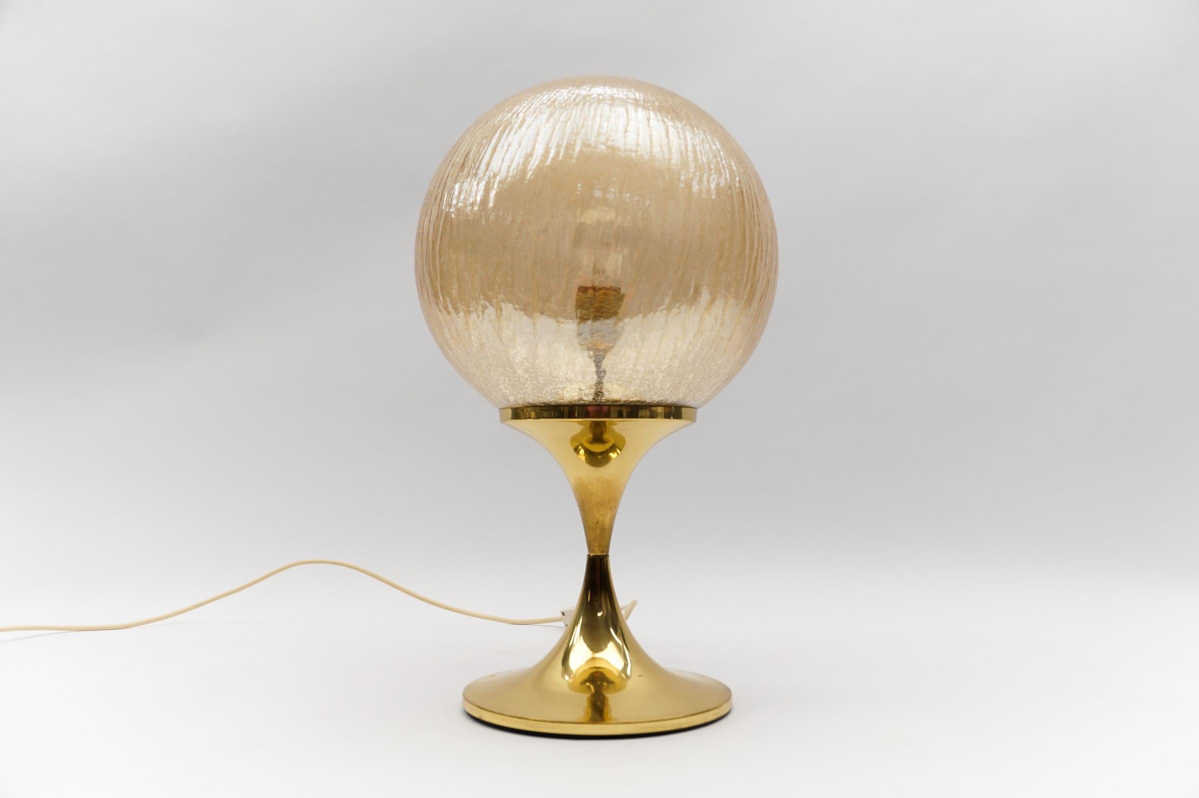 Blown Glass Elegant Brass and Amber Glass Table Lamp, 1960s  For Sale