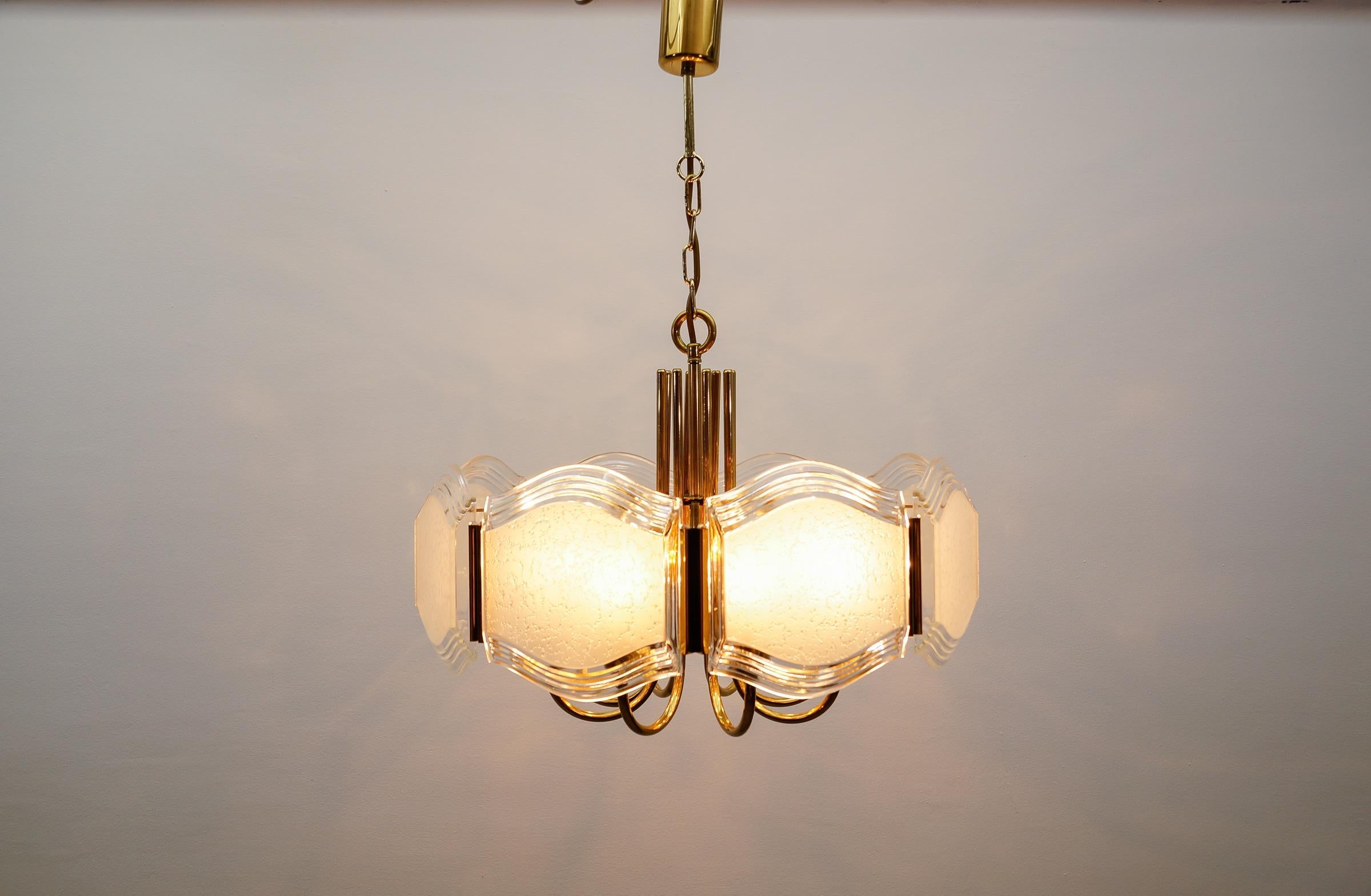 Mid-20th Century Elegant Brass and Glass Chandelier / Ceiling Lamp, Germany 1960s For Sale