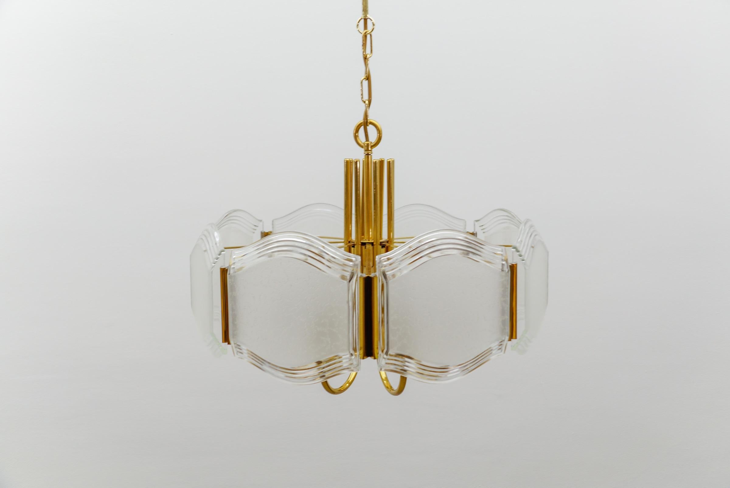Metal Elegant Brass and Glass Chandelier / Ceiling Lamp, Germany 1960s For Sale