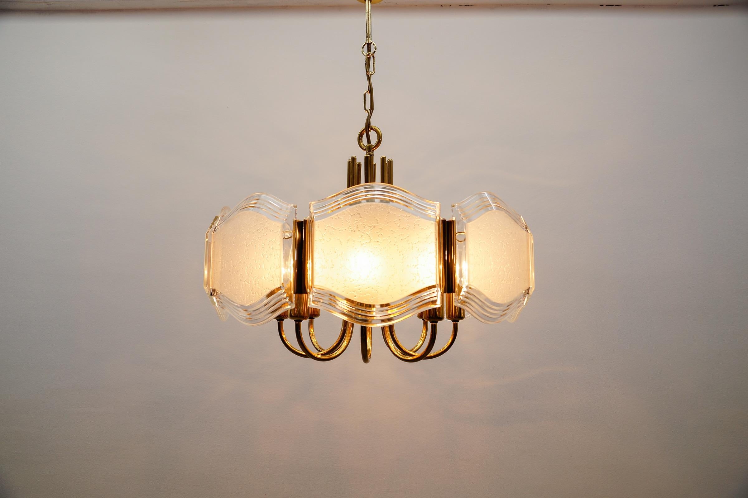 Elegant Brass and Glass Chandelier / Ceiling Lamp, Germany 1960s For Sale 1