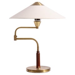 Elegant Brass and Teak Table Lamp by Bent Karlby with Adjustable Arm and Fabric