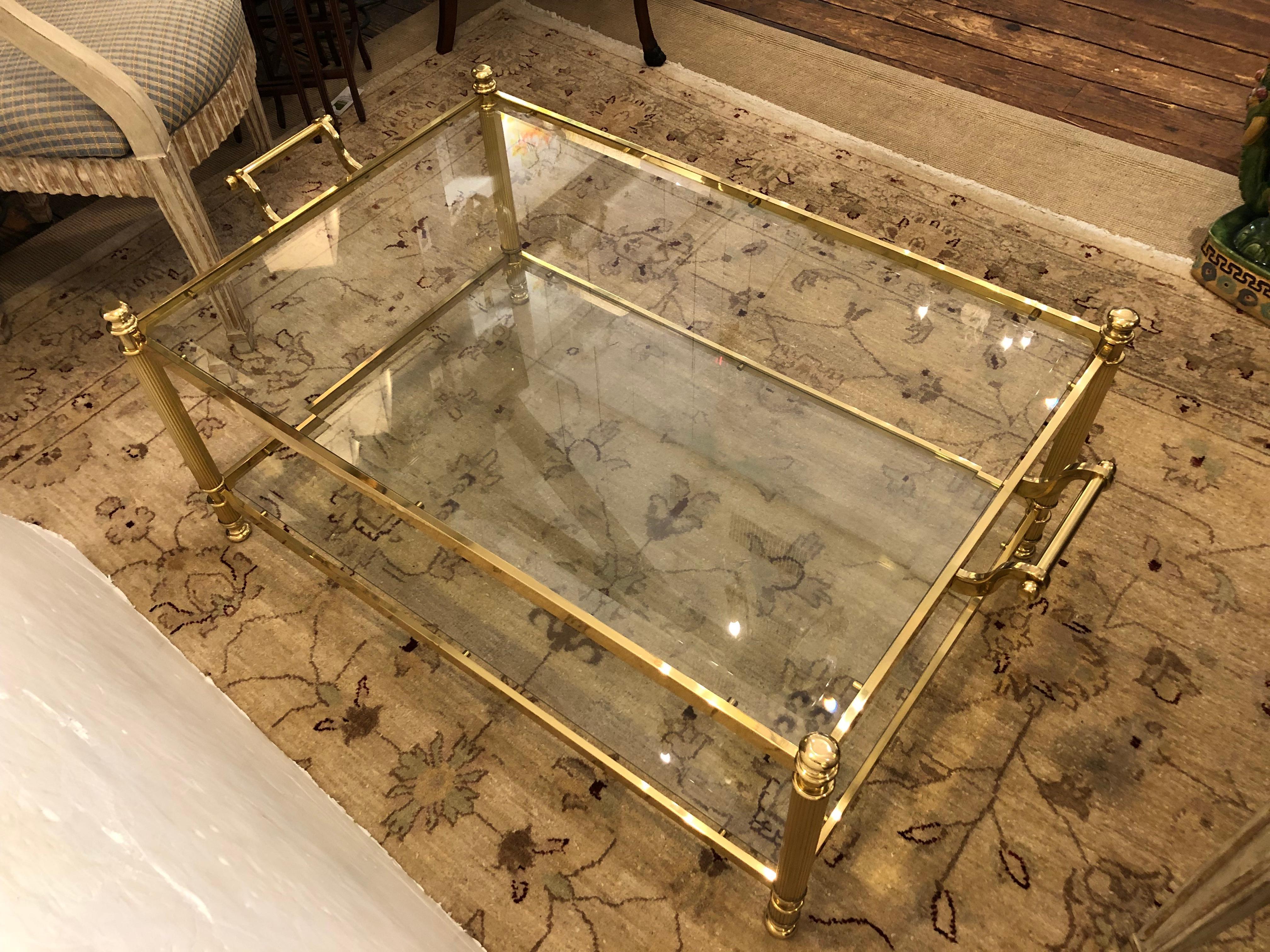 Elegant Brass & Bevelled Glass Two Tier LaBarge Coffee Table For Sale 2