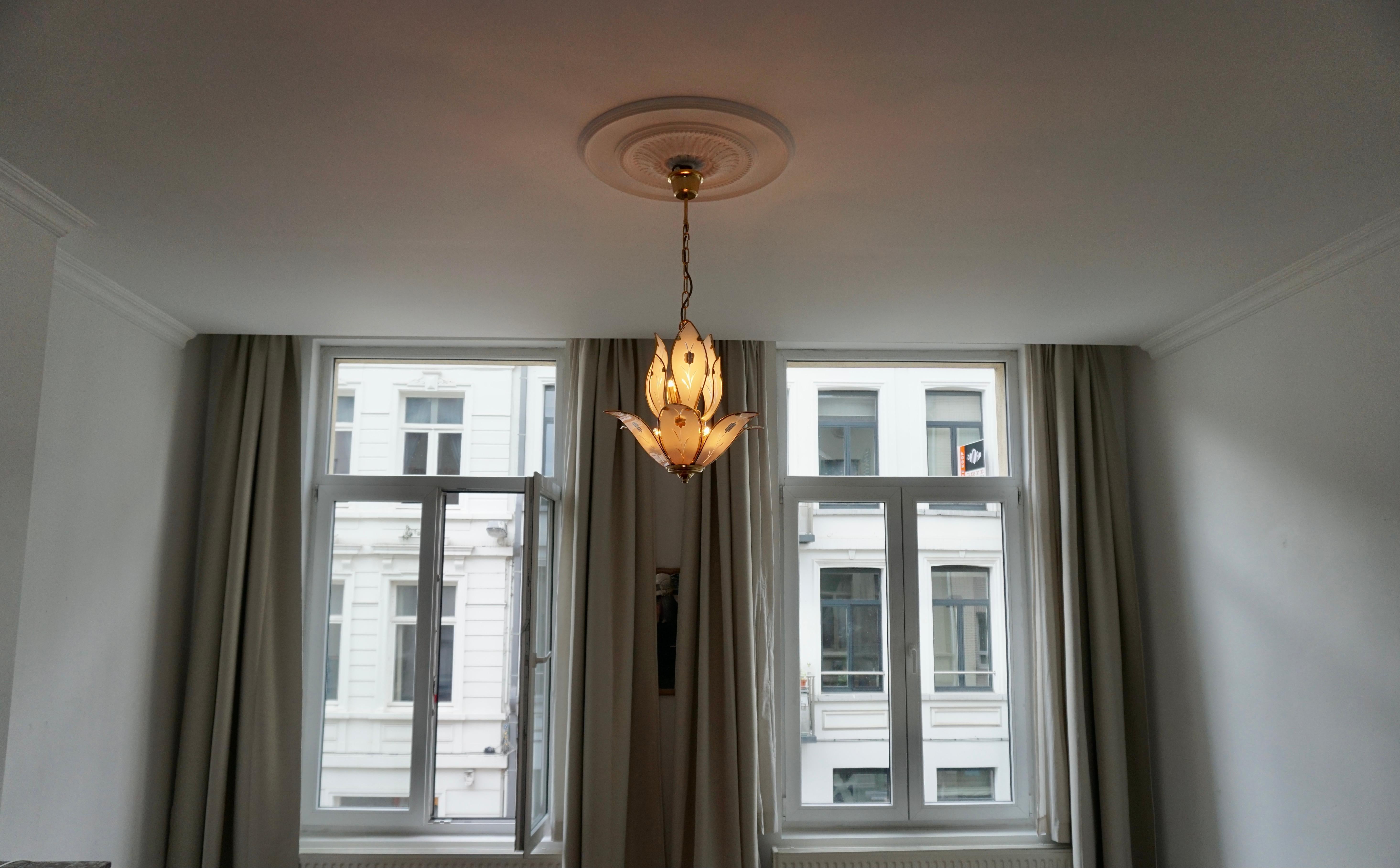 Elegant Brass Lotus Chandelier with White Murano Glass Leaves For Sale 4
