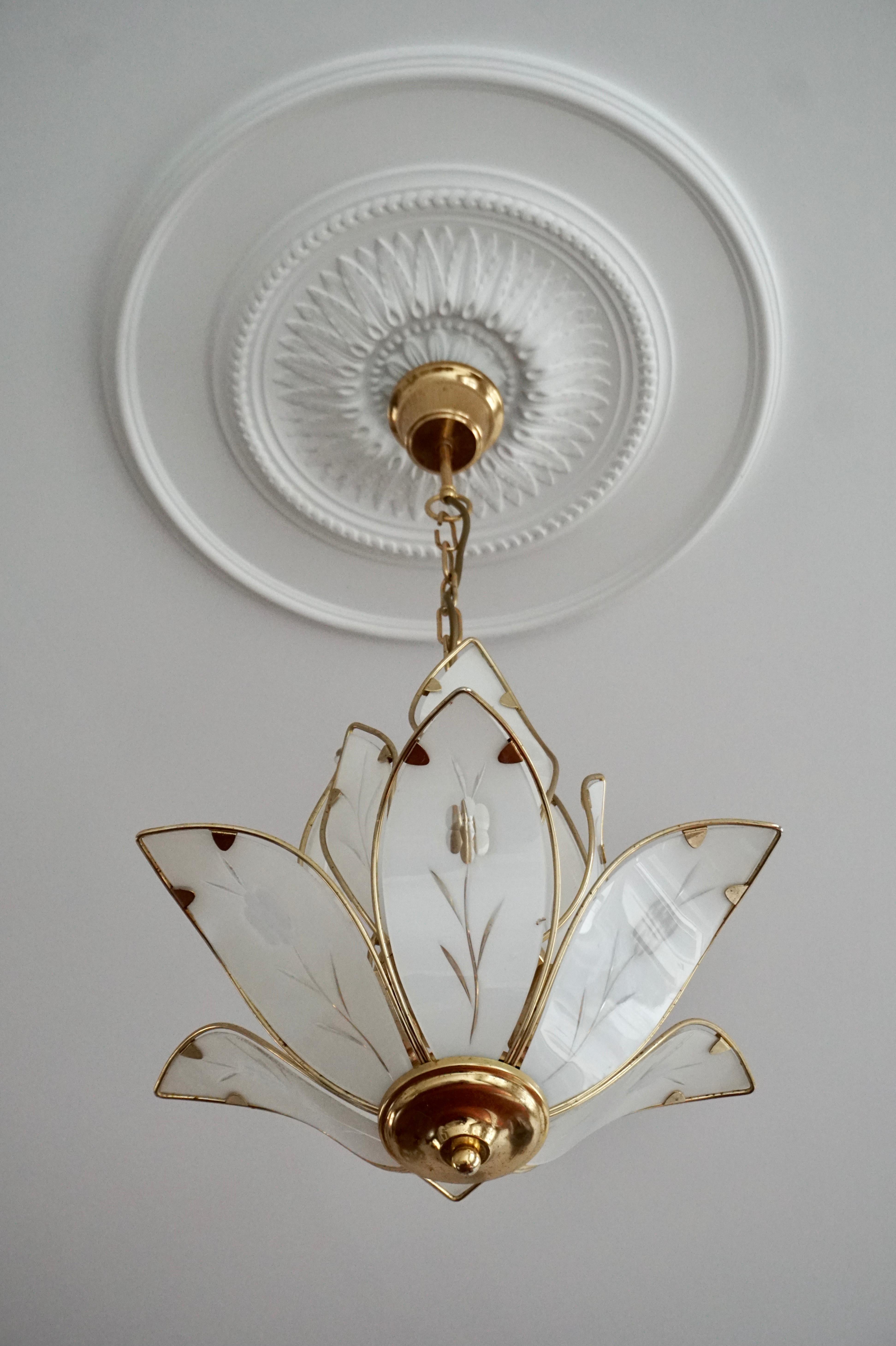 Italian Elegant Brass Lotus Chandelier with White Murano Glass Leaves For Sale