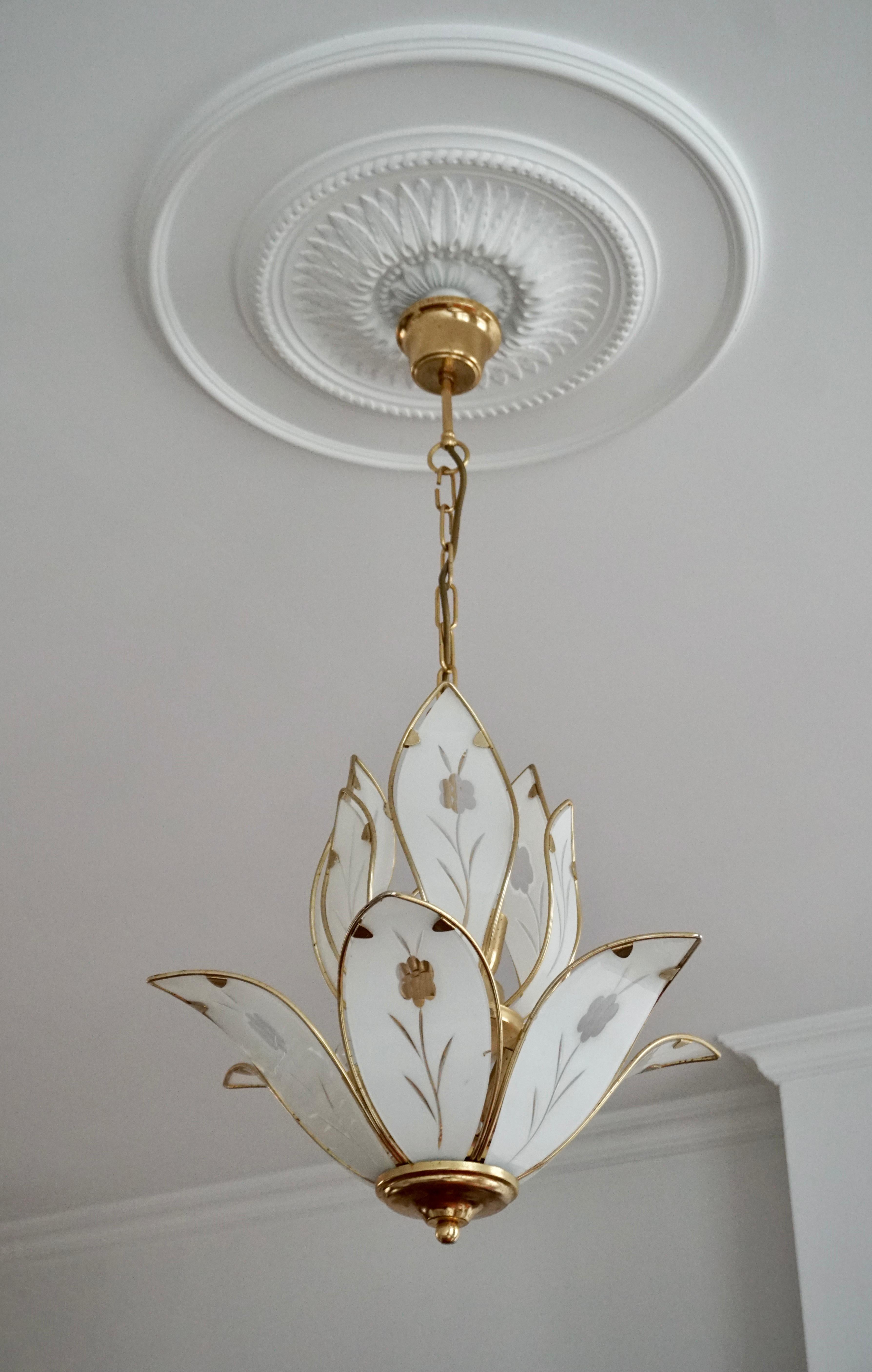 20th Century Elegant Brass Lotus Chandelier with White Murano Glass Leaves For Sale