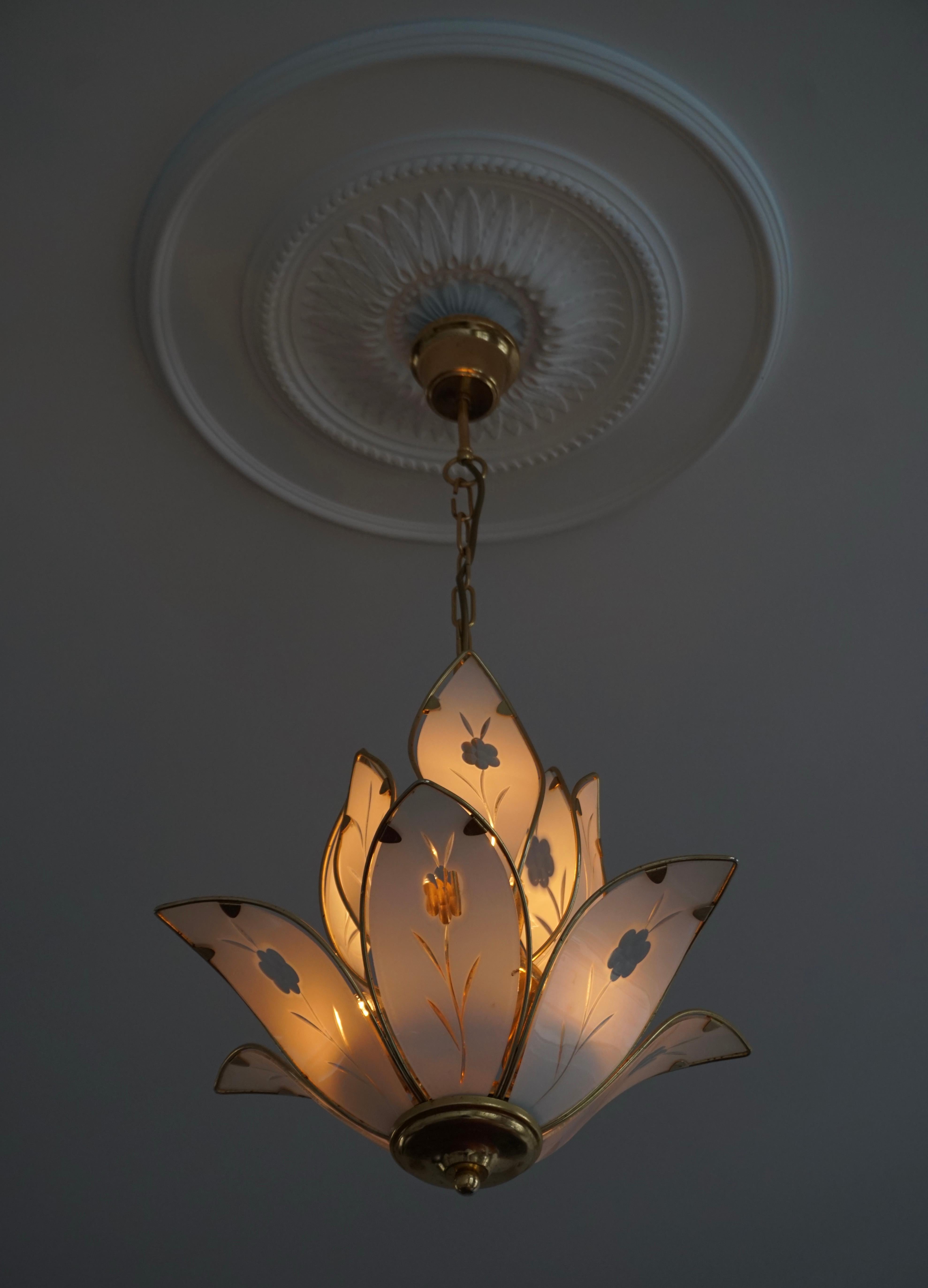 Elegant Brass Lotus Chandelier with White Murano Glass Leaves For Sale 2