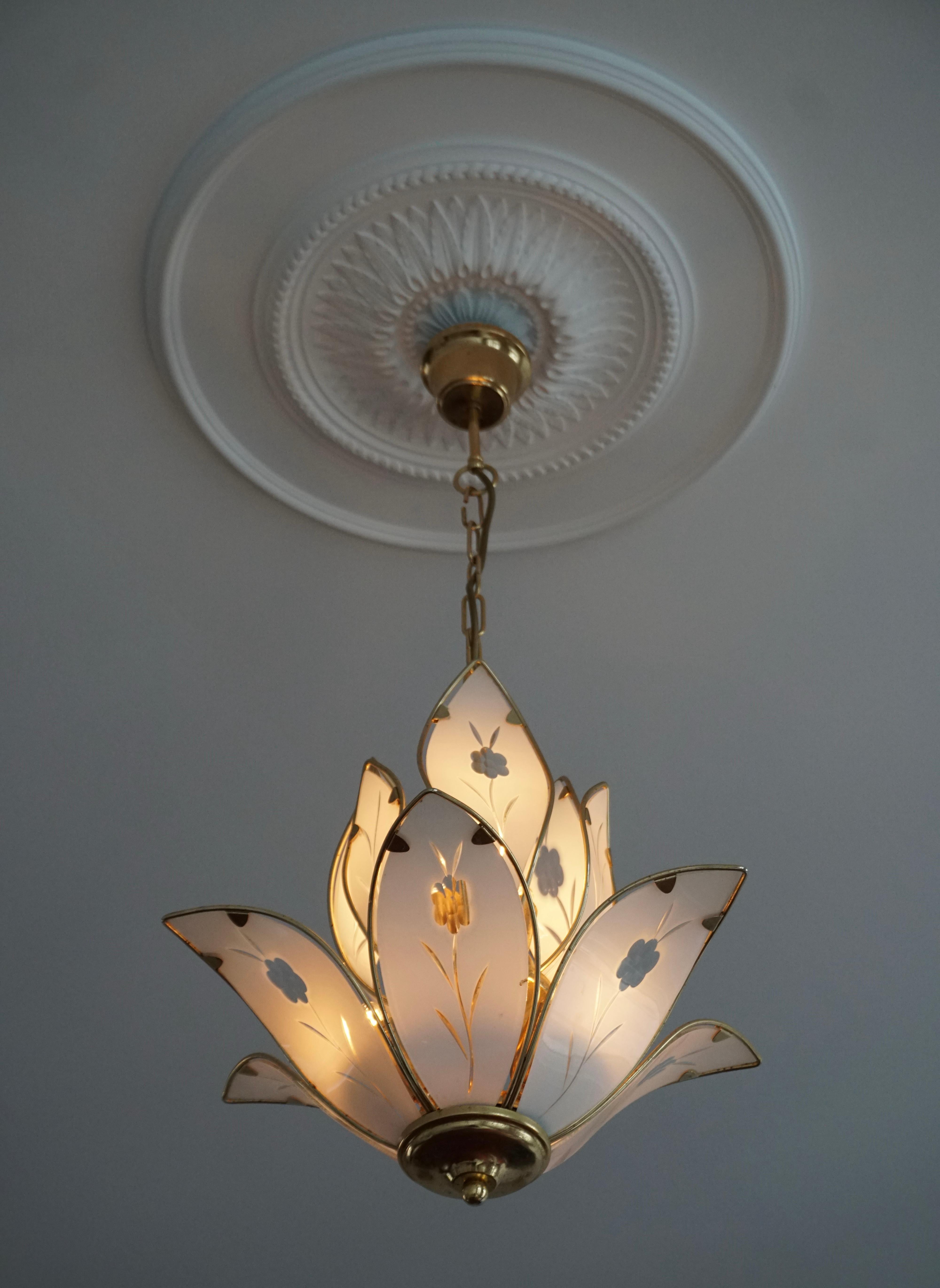 Two Elegant Brass Lotus Flower Chandelier with White Murano Glass Leaves For Sale 3