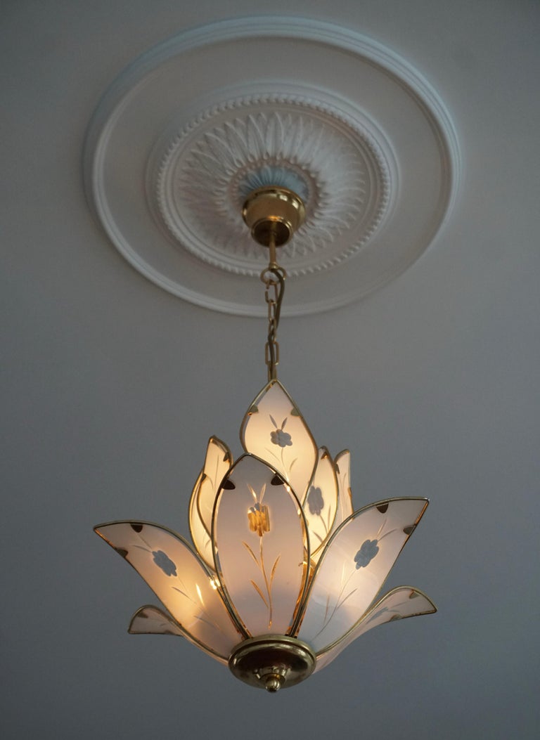 Elegant Brass Chandelier with White Murano Glass Leaves For Sale 3