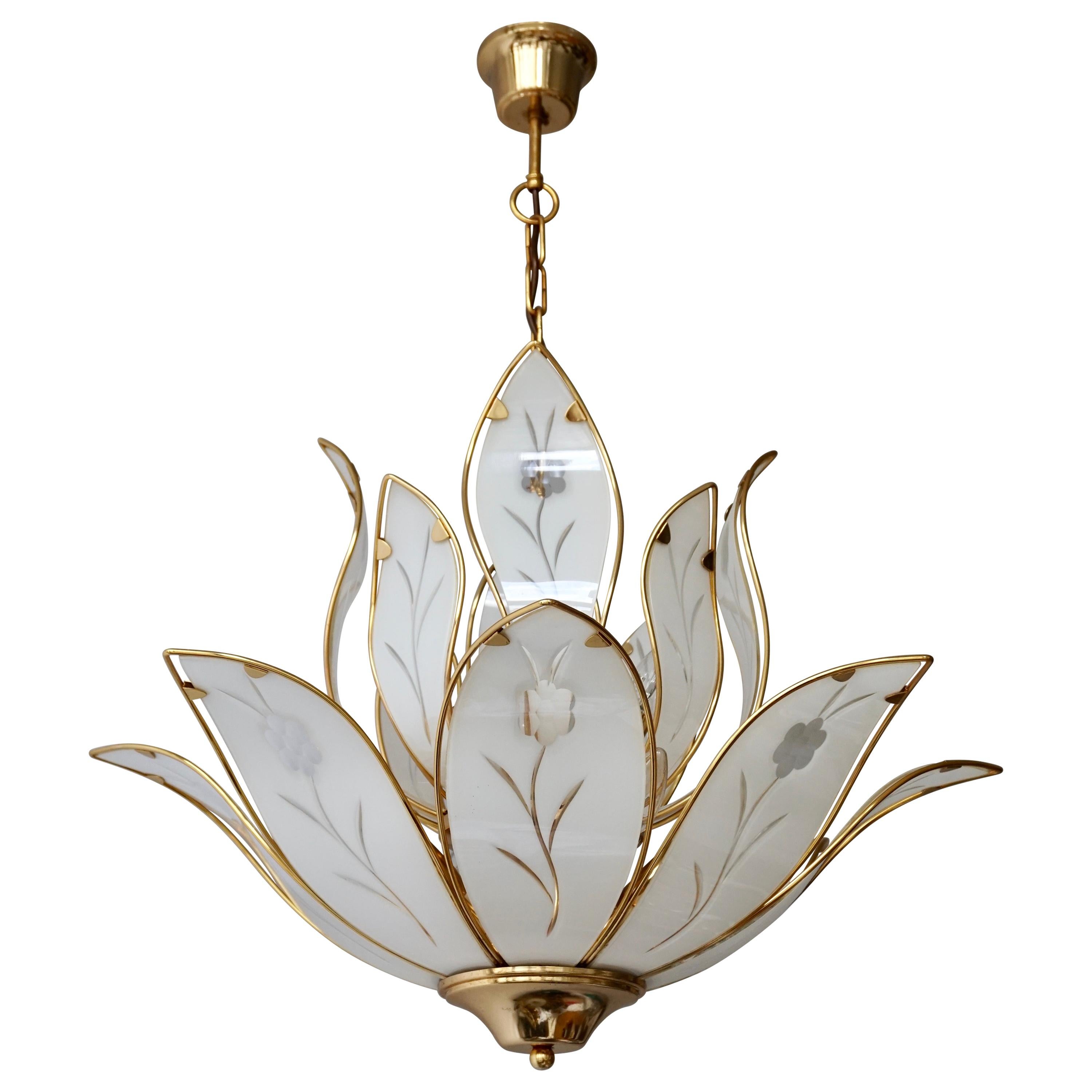 Organic Brass Chandelier With Glass Flower Leaves For Sale at 1stdibs