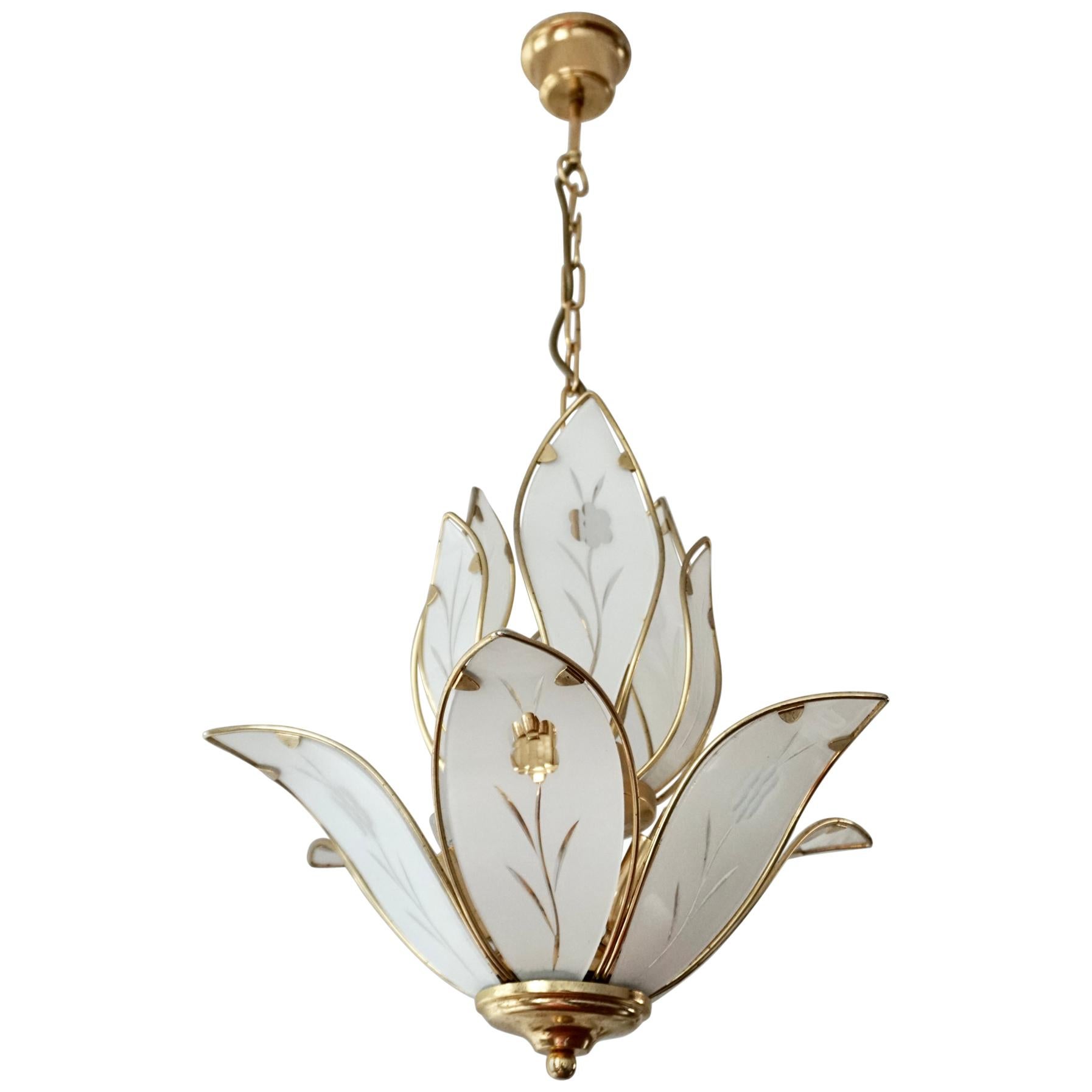 Two Elegant Brass Lotus Flower Chandelier with White Murano Glass Leaves