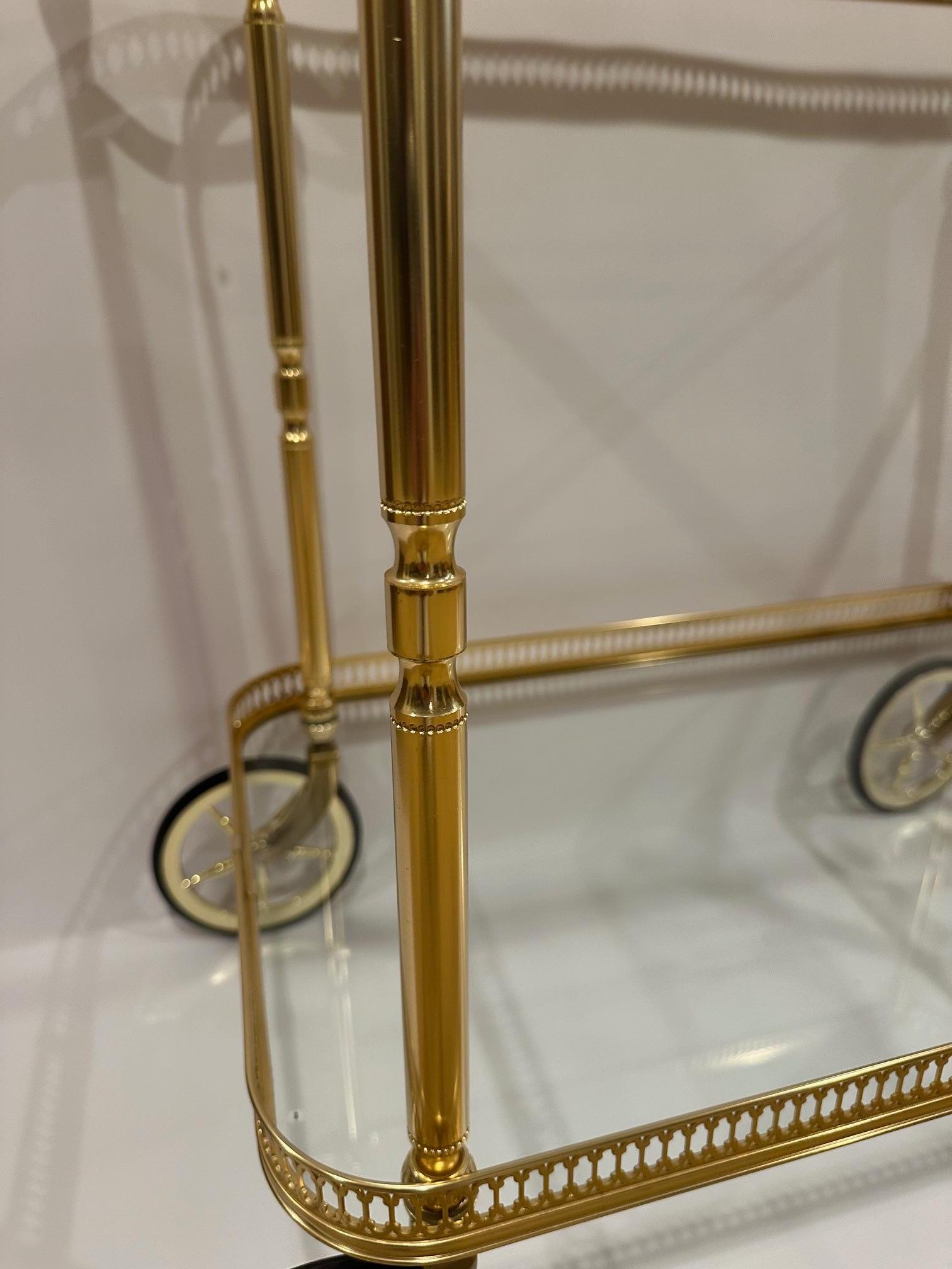Metal Elegant Brass Finish and Glass Two Tier Neoclassical Style Bar Cart