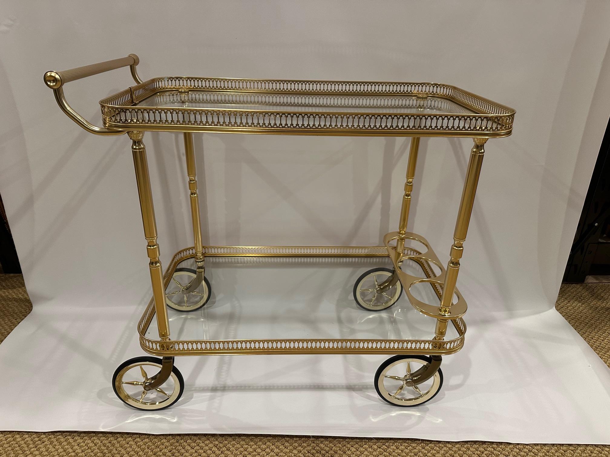 Elegant Brass Finish and Glass Two Tier Neoclassical Style Bar Cart 3