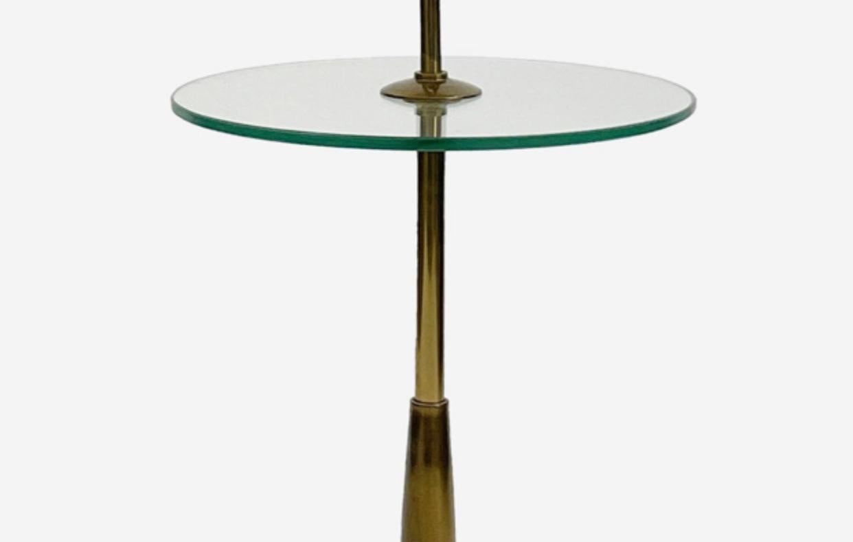 Gorgeous Stiffel floor lamp. Executed in brass original green edge glass tray table. Outfitted with new silk shade. Retains original finial.