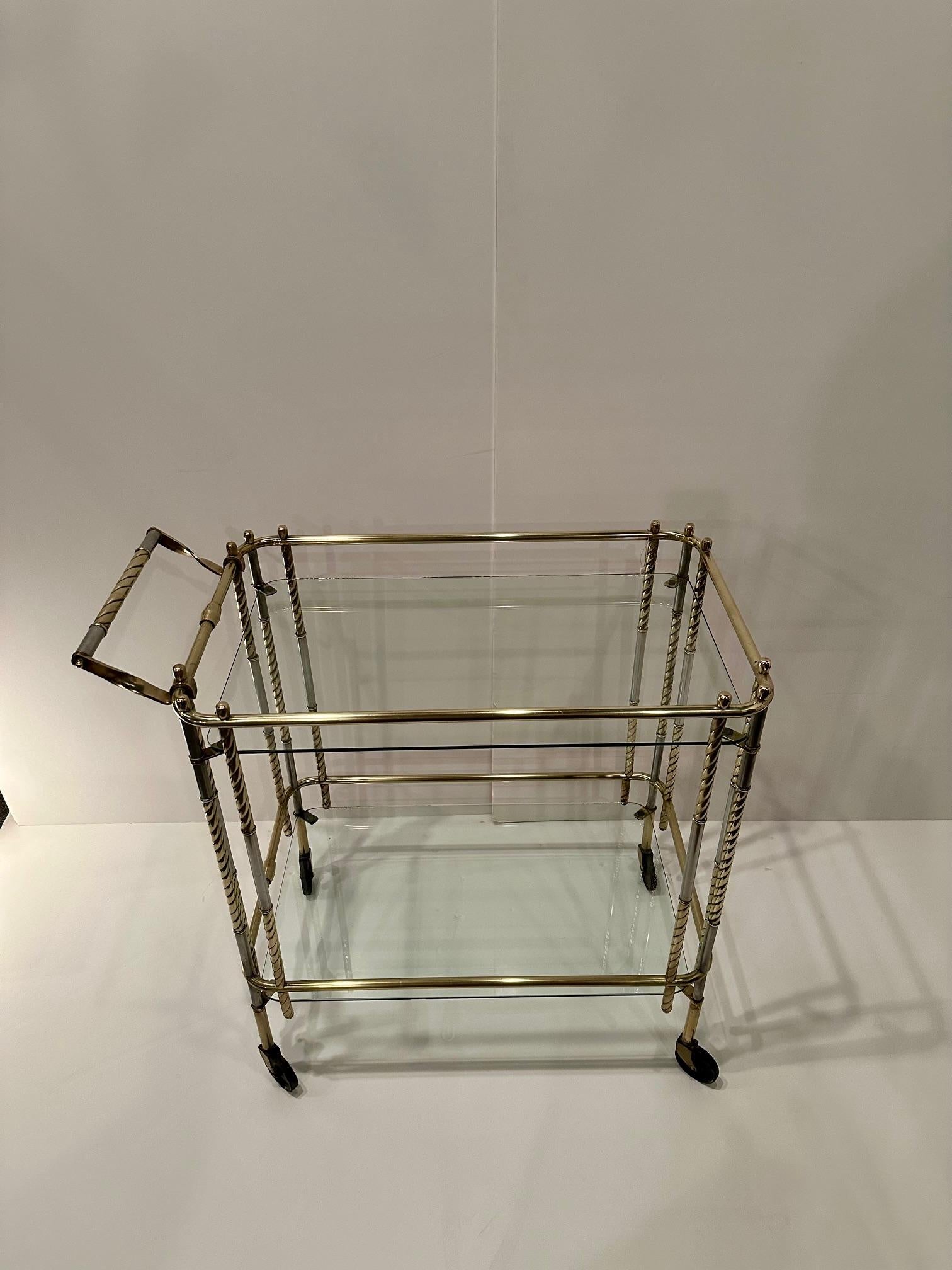 Italian Elegant Brass Glass and Steel Mid Century Modern Bar Cart For Sale