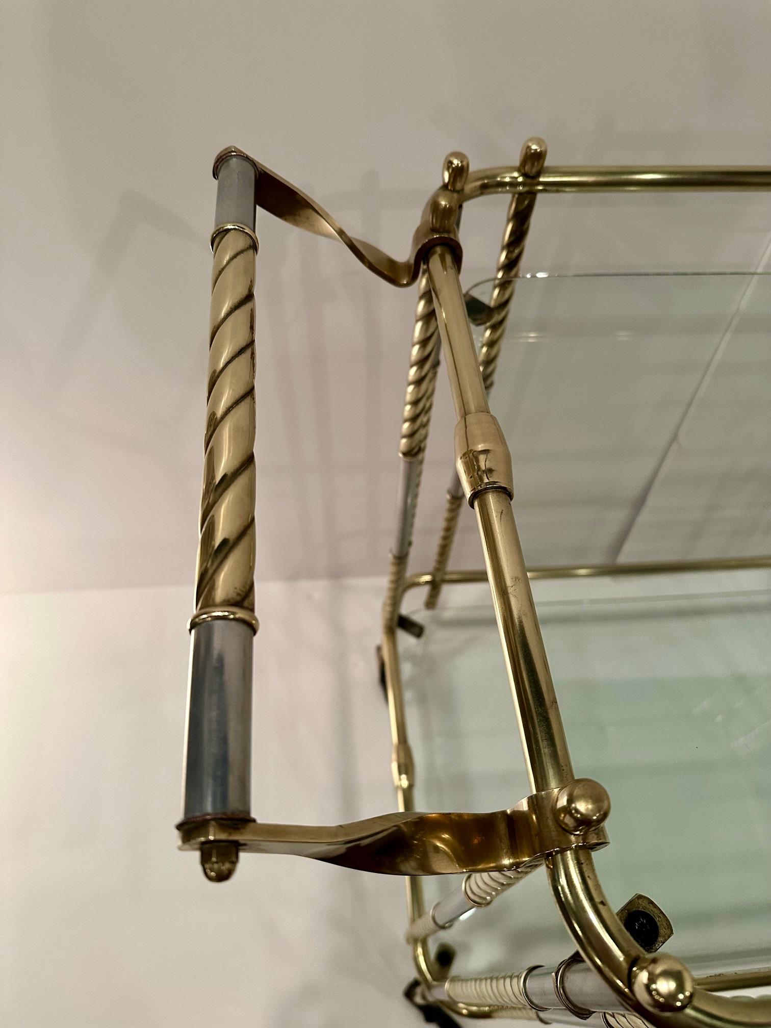 Elegant Brass Glass and Steel Mid Century Modern Bar Cart In Good Condition For Sale In Hopewell, NJ