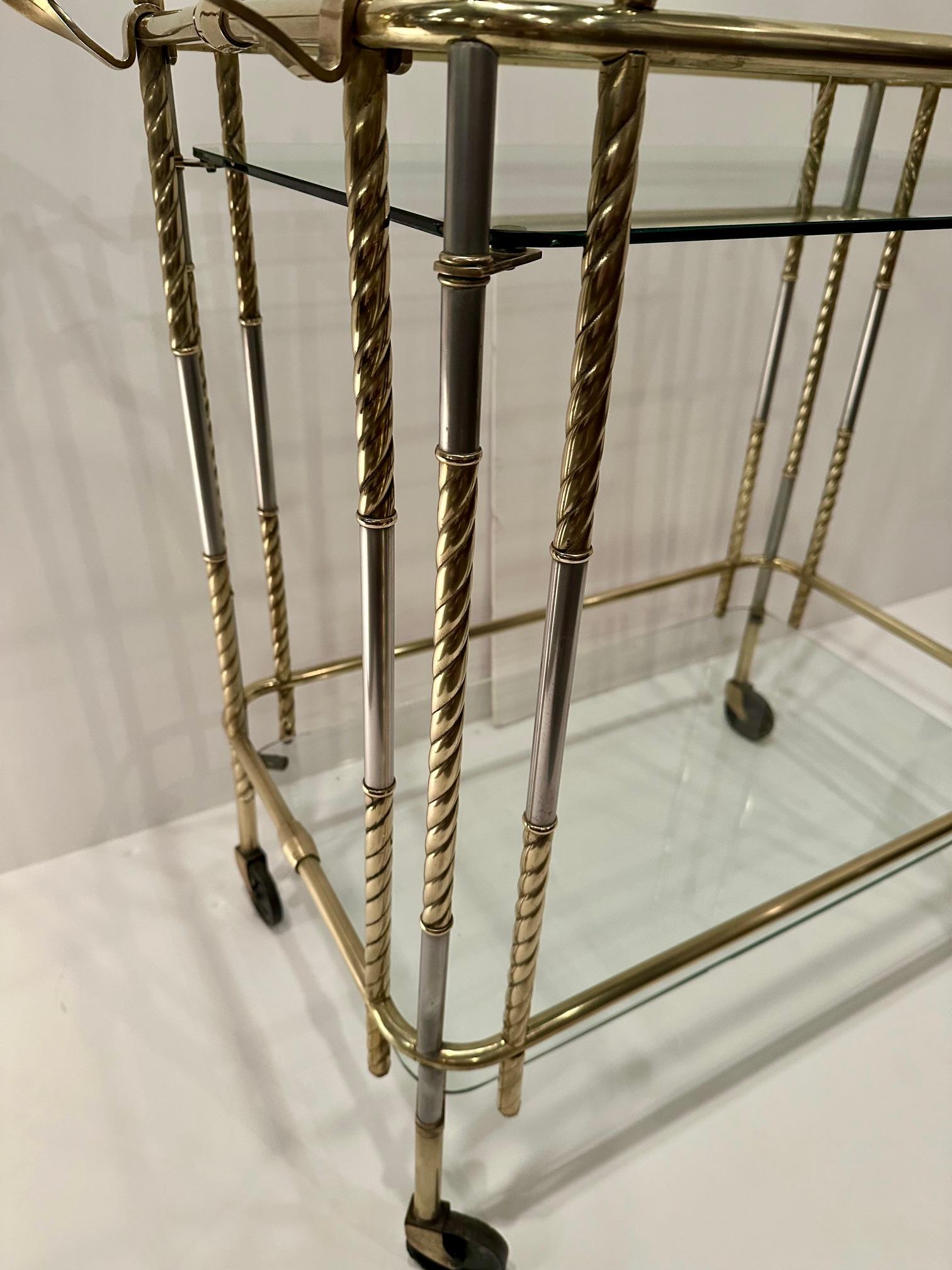Late 20th Century Elegant Brass Glass and Steel Mid Century Modern Bar Cart For Sale