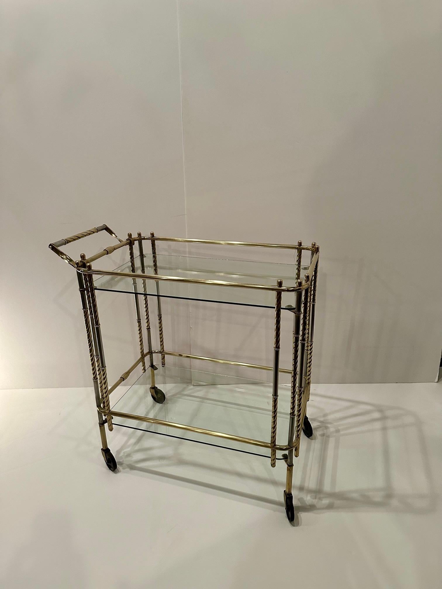 Elegant Brass Glass and Steel Mid Century Modern Bar Cart For Sale 1