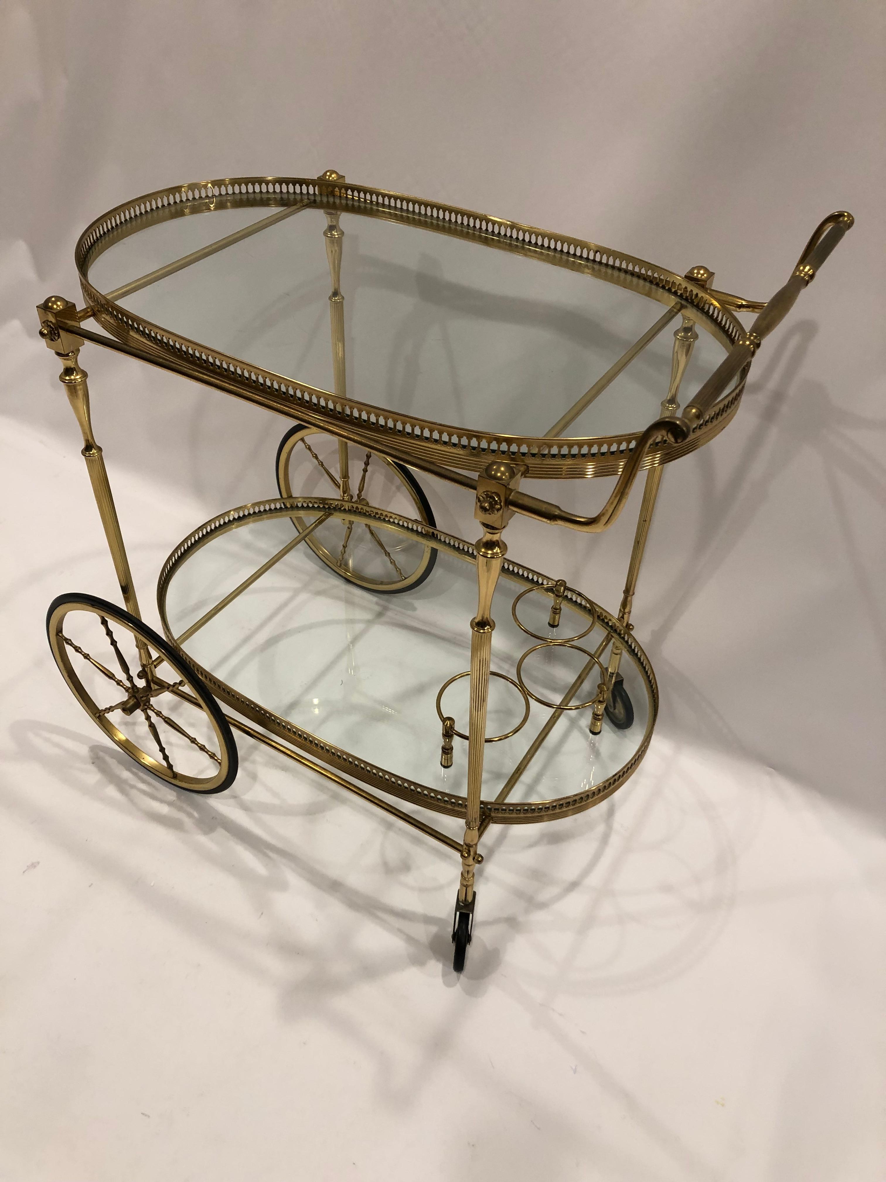 Elegant Brass Italian Mid Century Modern Oval Two Tier Bar Cart  2