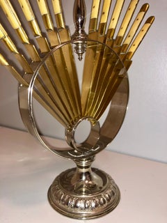 ON SALE Brass Set of Twelve Fruit Knives Horn Bone Handle on a Stand, Bohemia