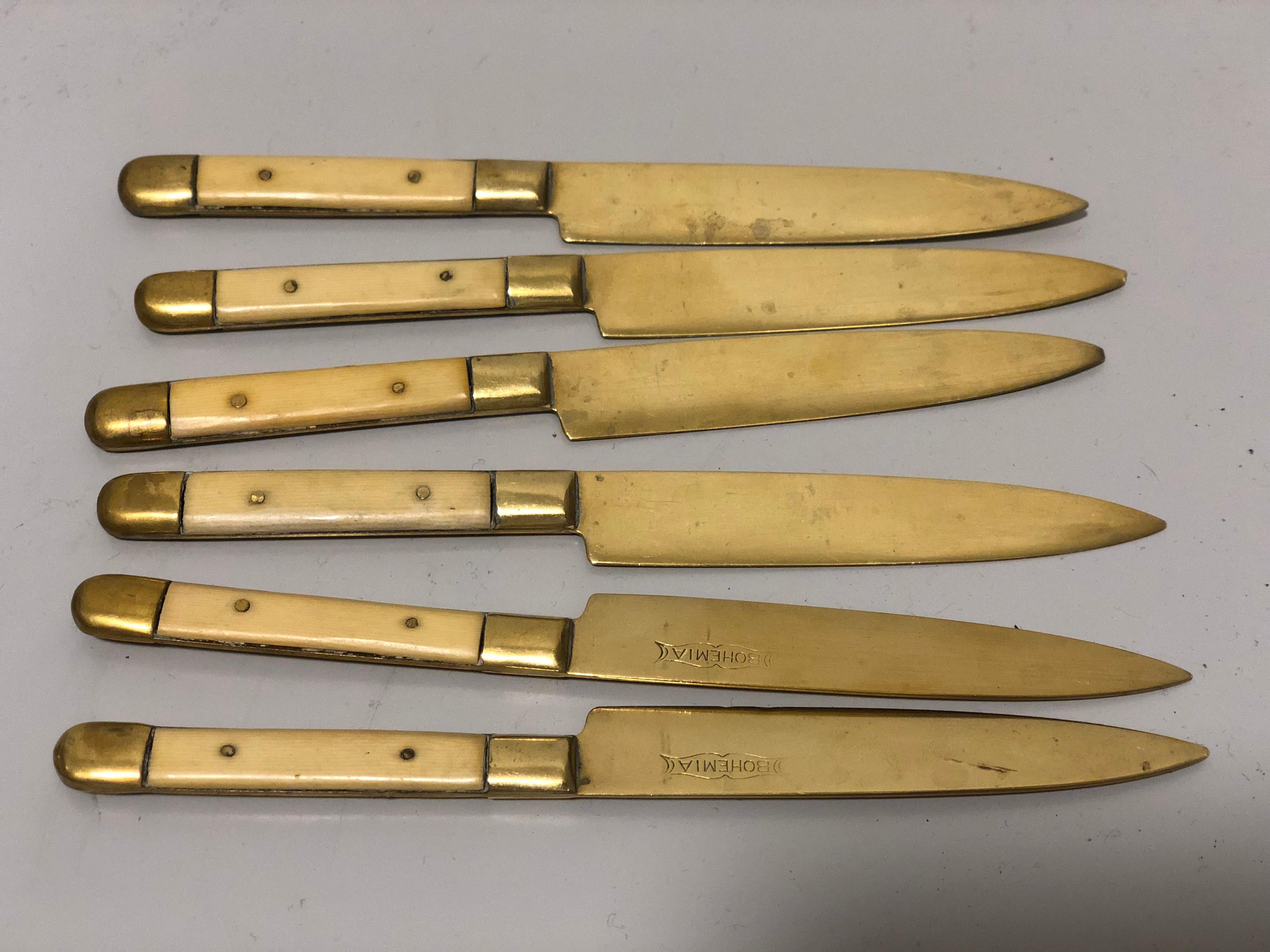 German ON SALE Brass Set of Twelve Fruit Knives Horn Bone Handle on a Stand, Bohemia