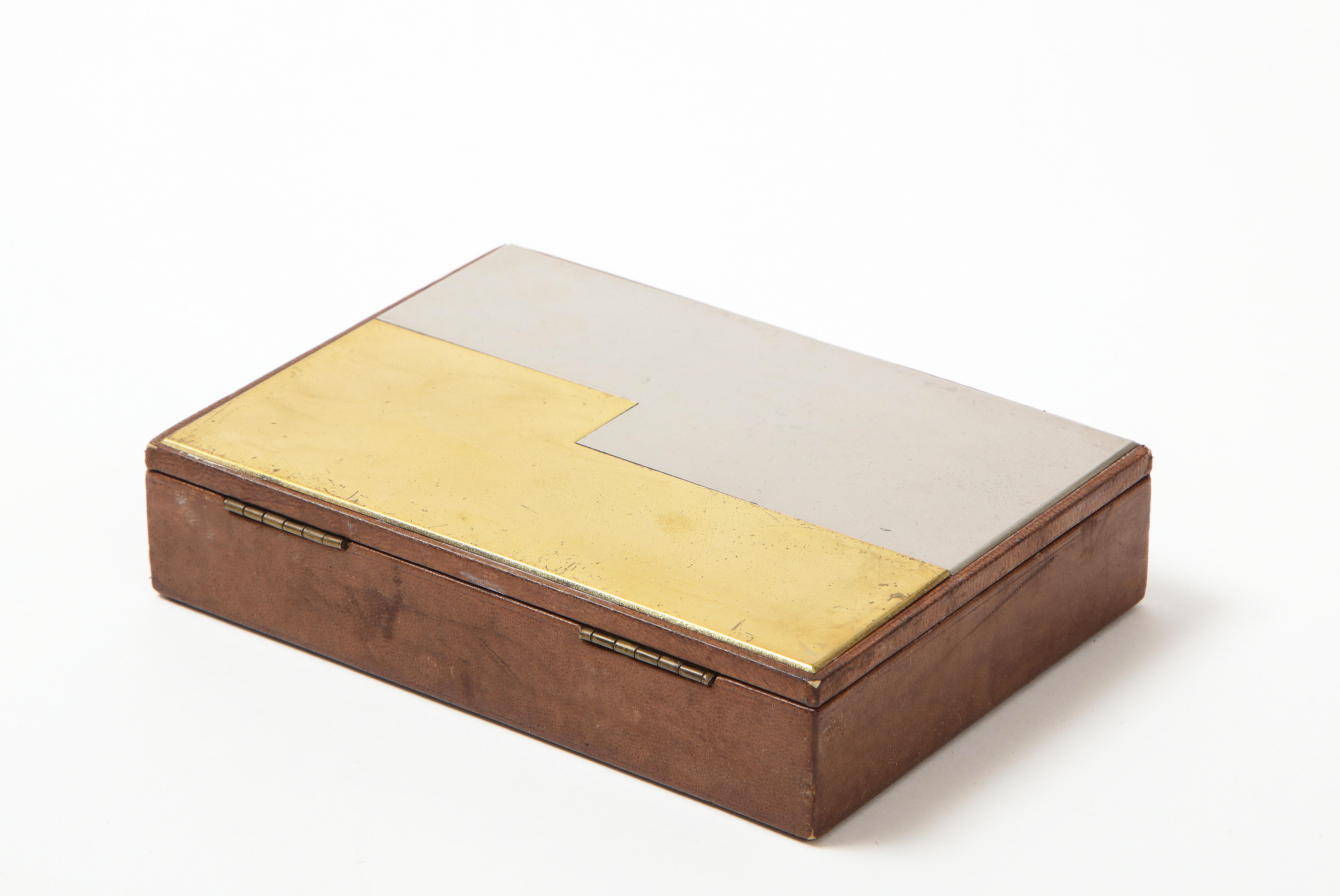 Elegant Brass Stainless Steel and Leather Box, France, 1970's In Fair Condition For Sale In New York, NY